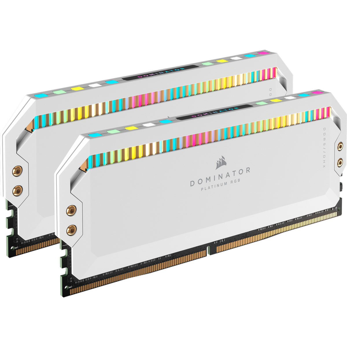 Dwa białe moduły RAM Corsair Dominator DDR5 z podświetleniem RGB.