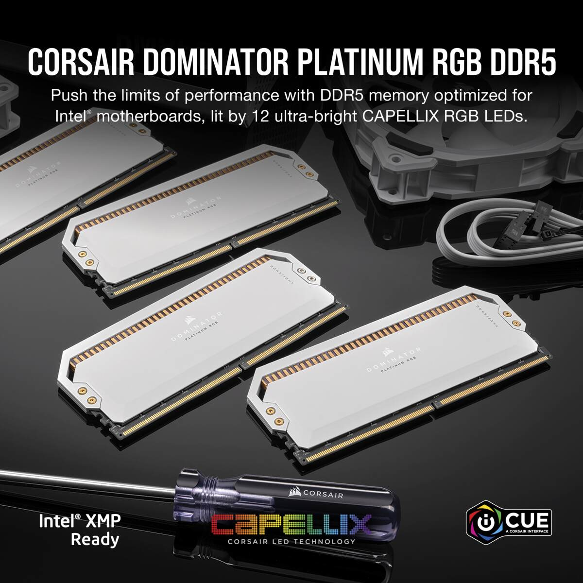 Cztery białe moduły RAM Corsair Dominator DDR5 z podświetleniem RGB.