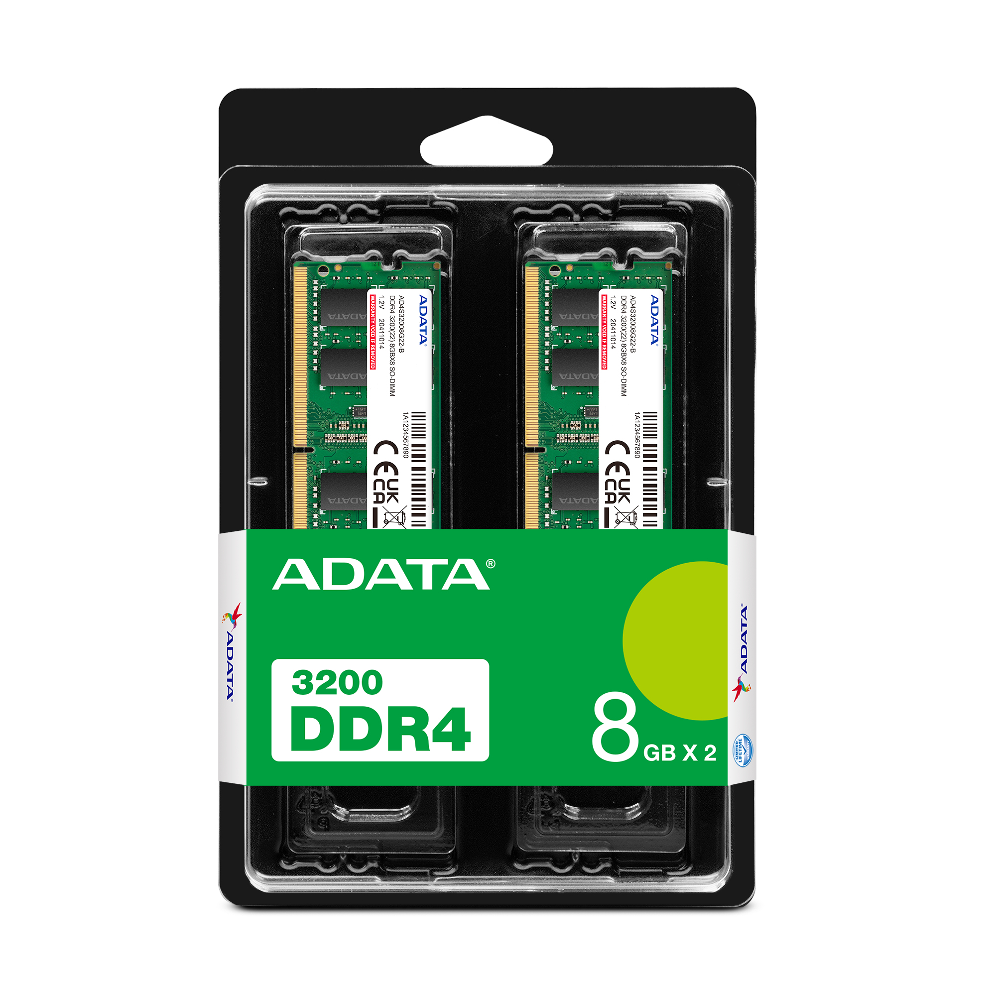 Dwa moduły RAM ADATA 8GB DDR4 w opakowaniu, 3200MHz.