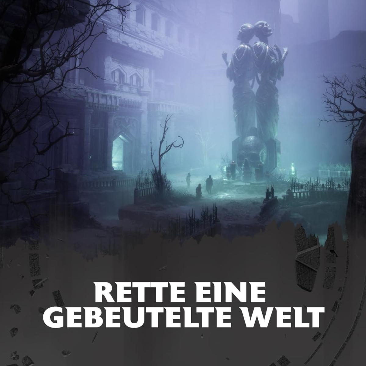 Verlassene Ruinen mit einer Doppelskulptur und Nebel.