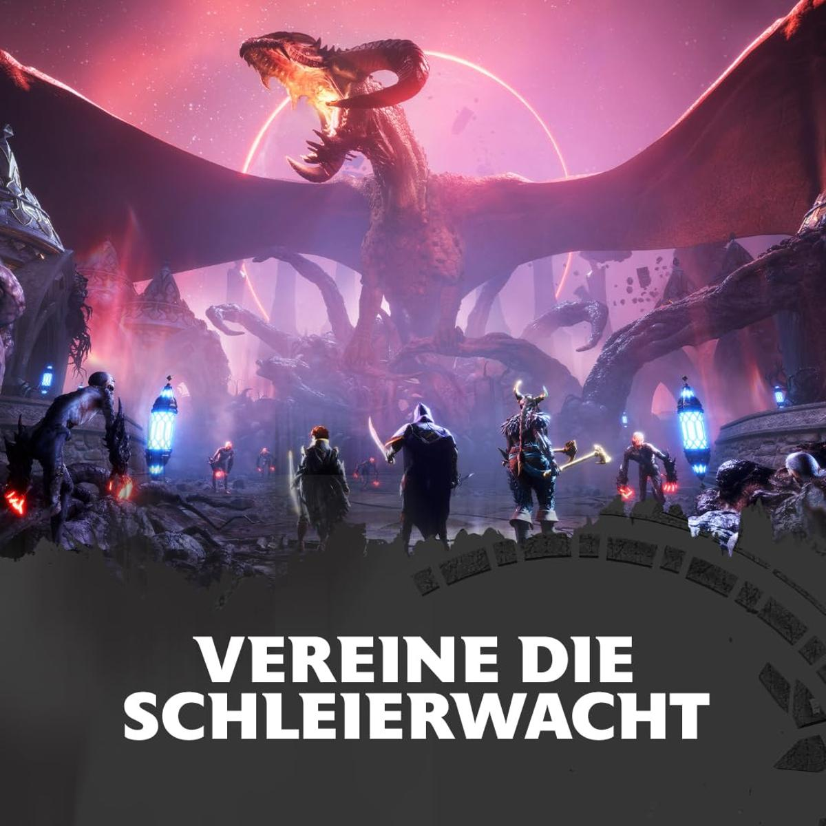 Ein Drache fliegt über eine Gruppe von Kriegern in einer Fantasy-Landschaft.