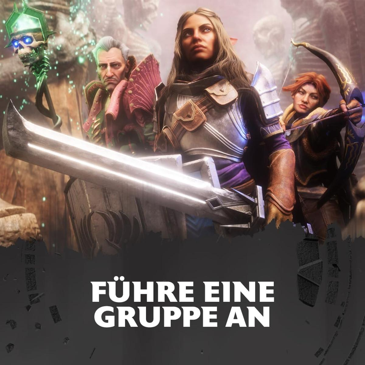 Eine Gruppe von Fantasiefiguren mit Waffen und Rüstungen.