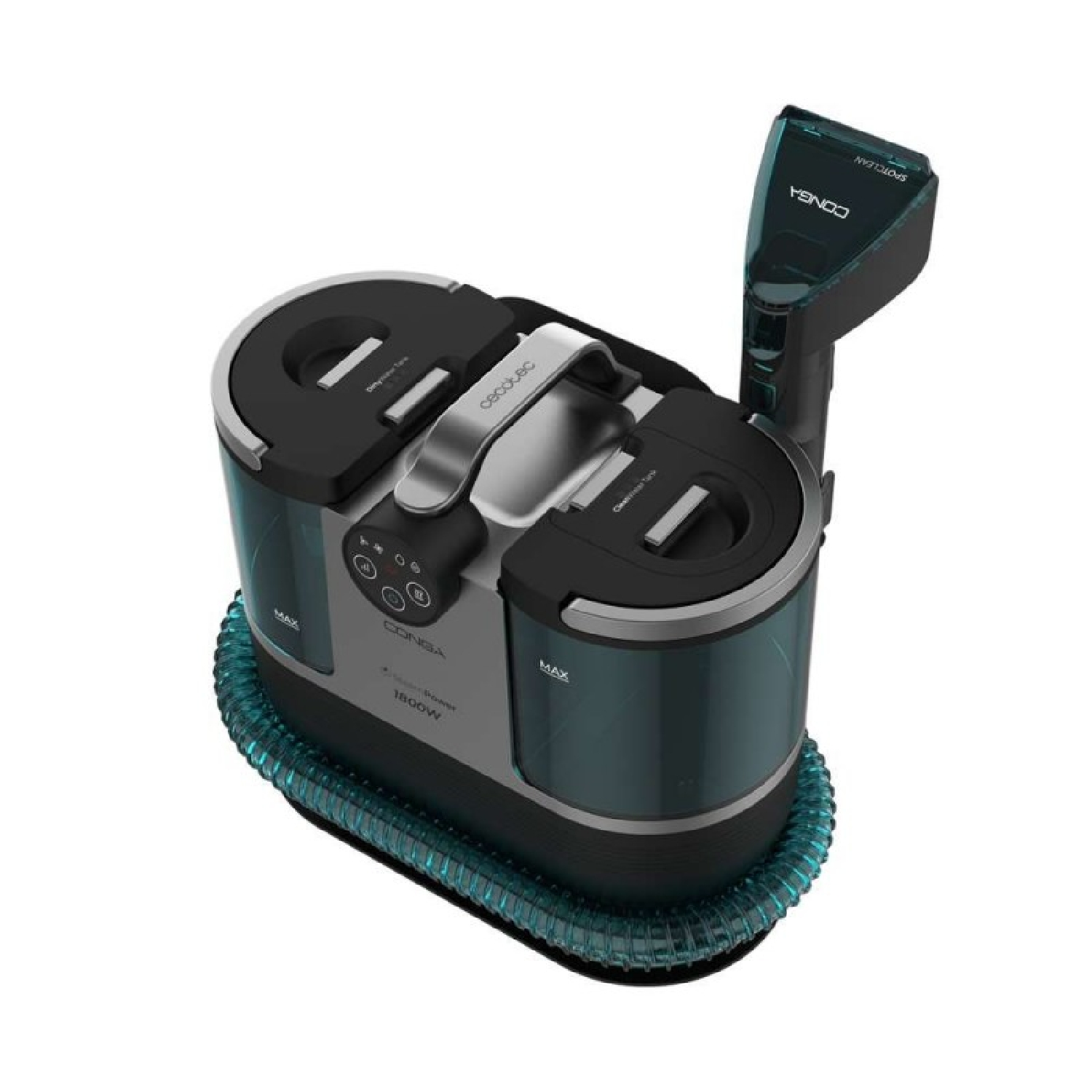 Un pulitore per tappeti nero e grigio con tubo blu.