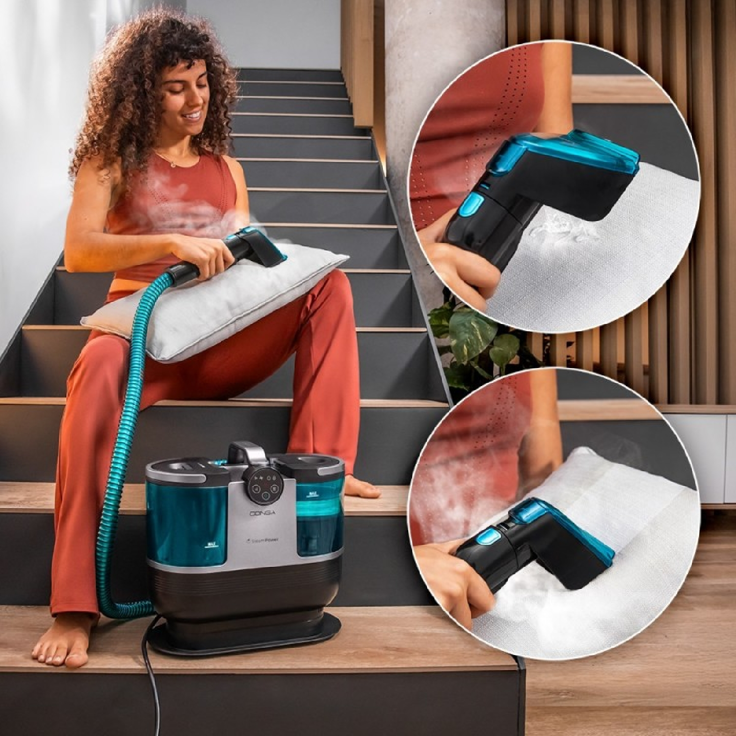 Donna pulisce cuscino con pulitore a vapore sulle scale.