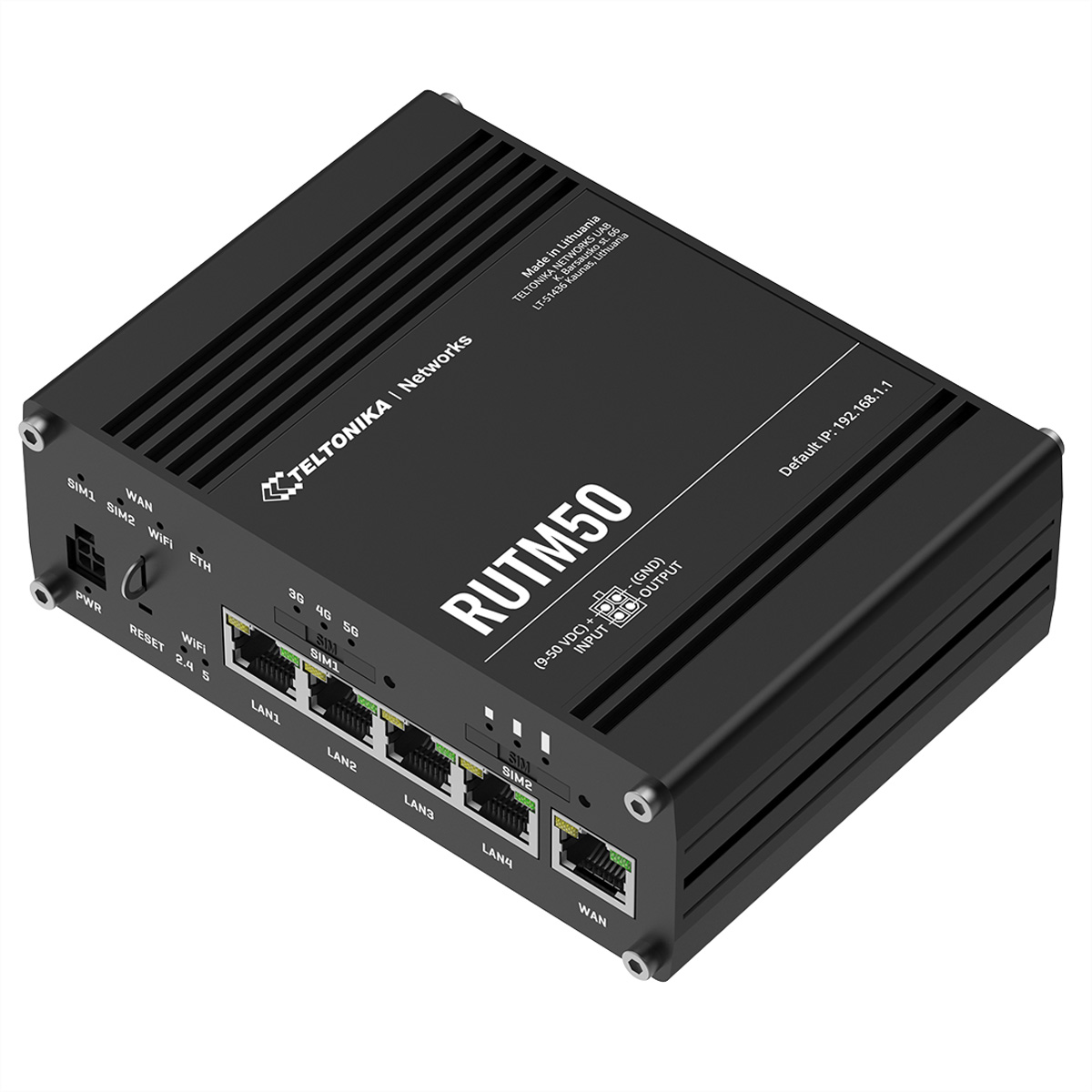 Czarny router Teltonika RUTM50 z portami LAN, WAN, SIM i diodami LED.