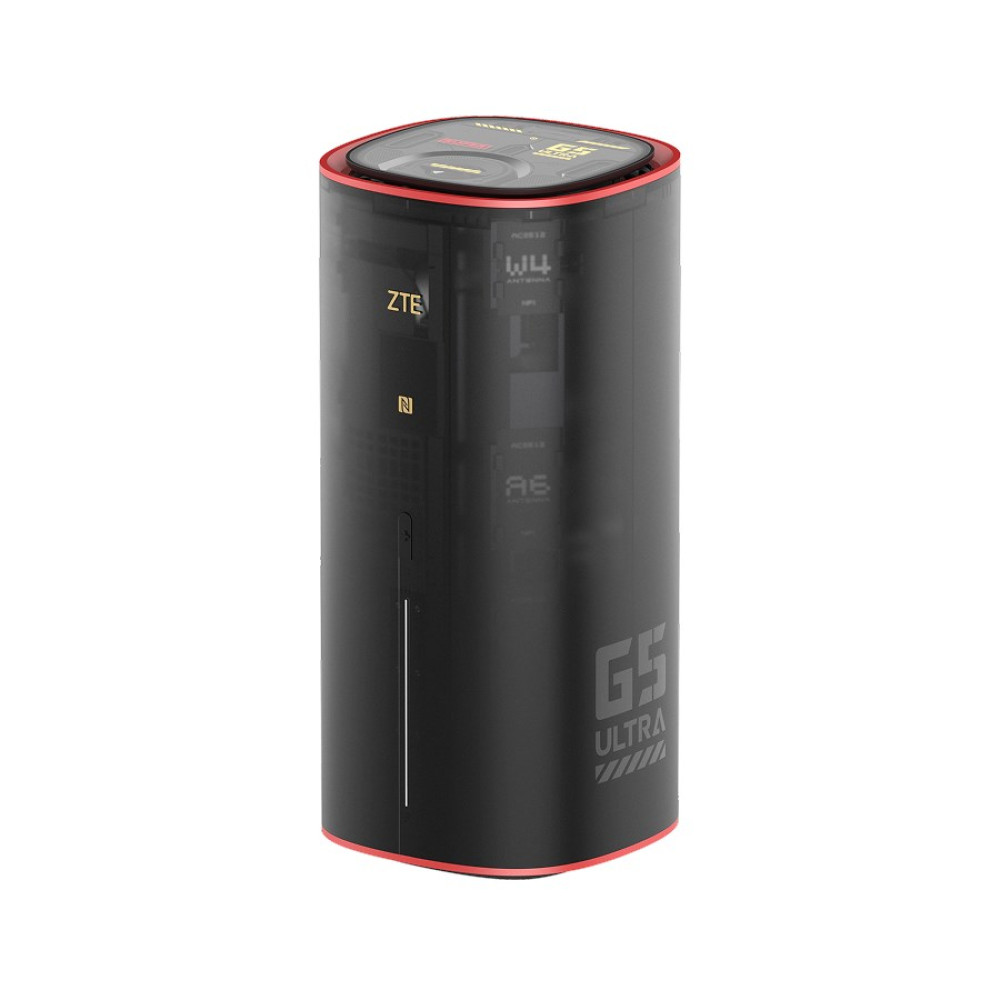 Router ZTE G5 Ultra 5G, czarny, cylindryczny, z czerwonymi akcentami.
