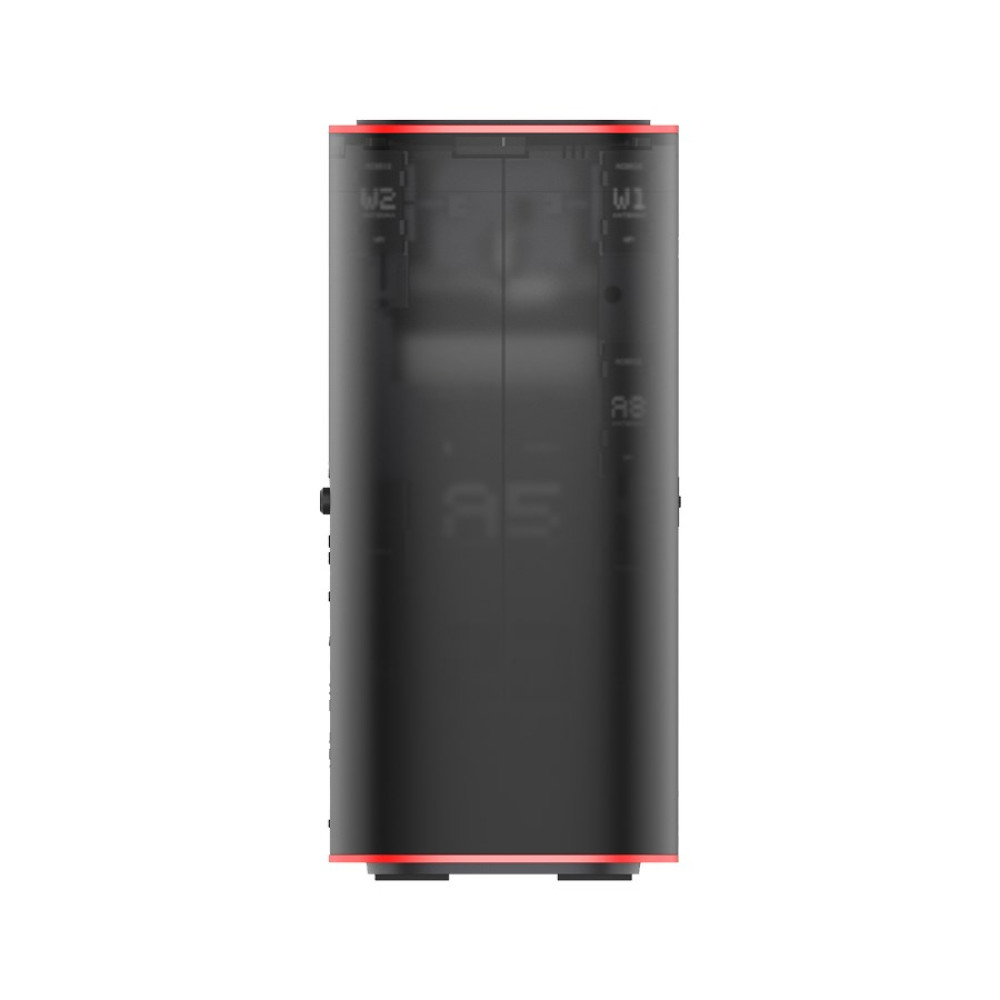 Czarny cylindryczny pojemnik z czerwonymi akcentami na górze i na dole.