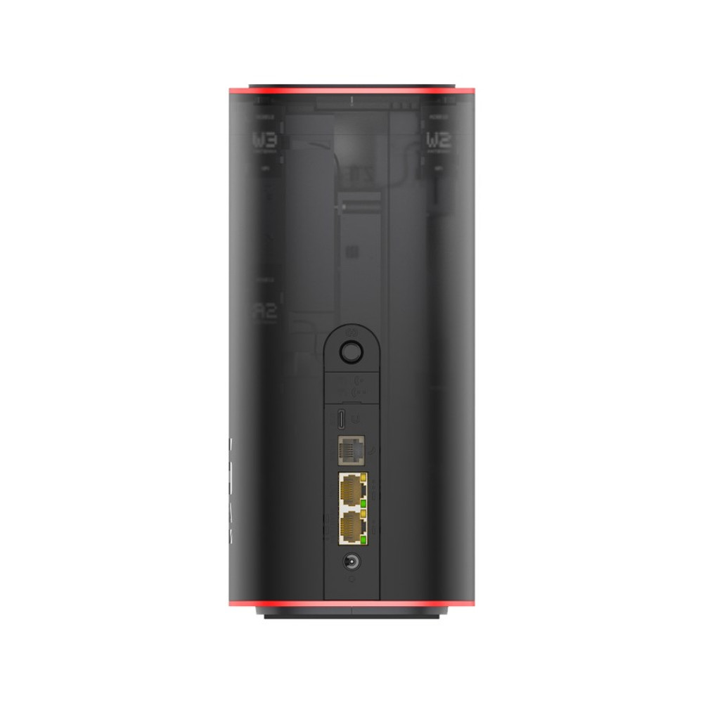 Czarny router z czerwonymi akcentami LED i portami z tyłu. Przezroczysta obudowa.