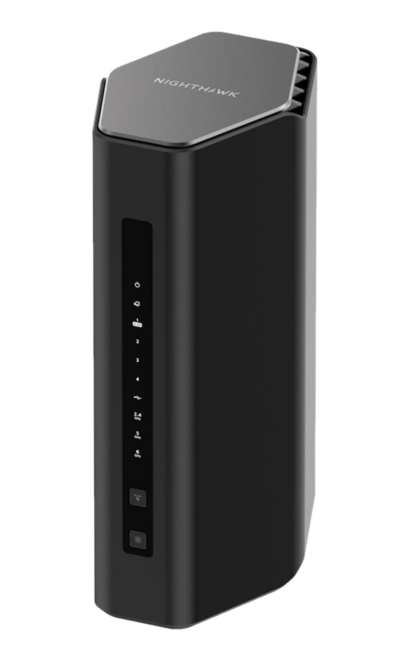 Czarny router Nighthawk z srebrną górą i światłami po bokach.