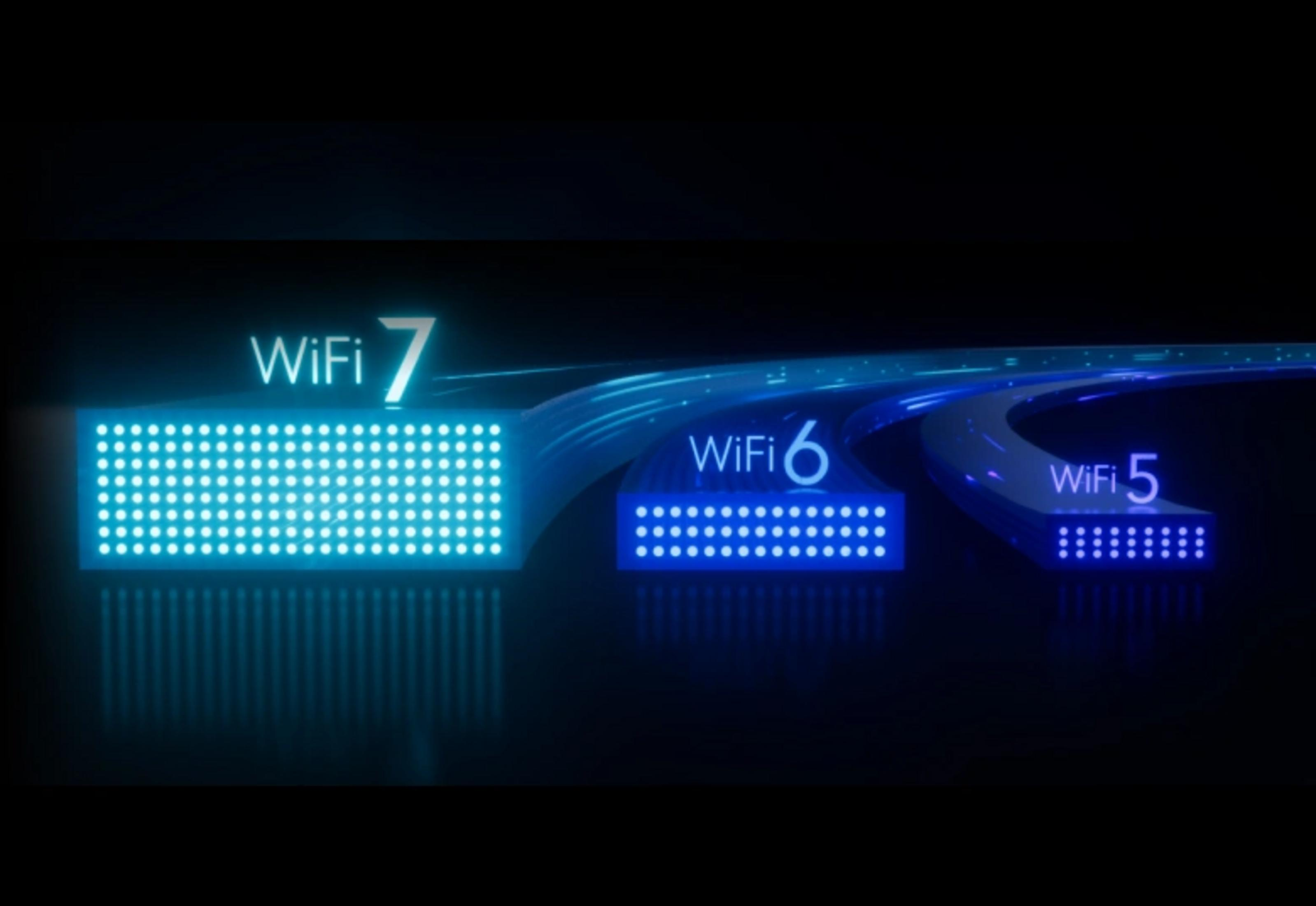 Abstrakcyjna wizualizacja WiFi 7, WiFi 6 i WiFi 5 z niebieskimi światłami.