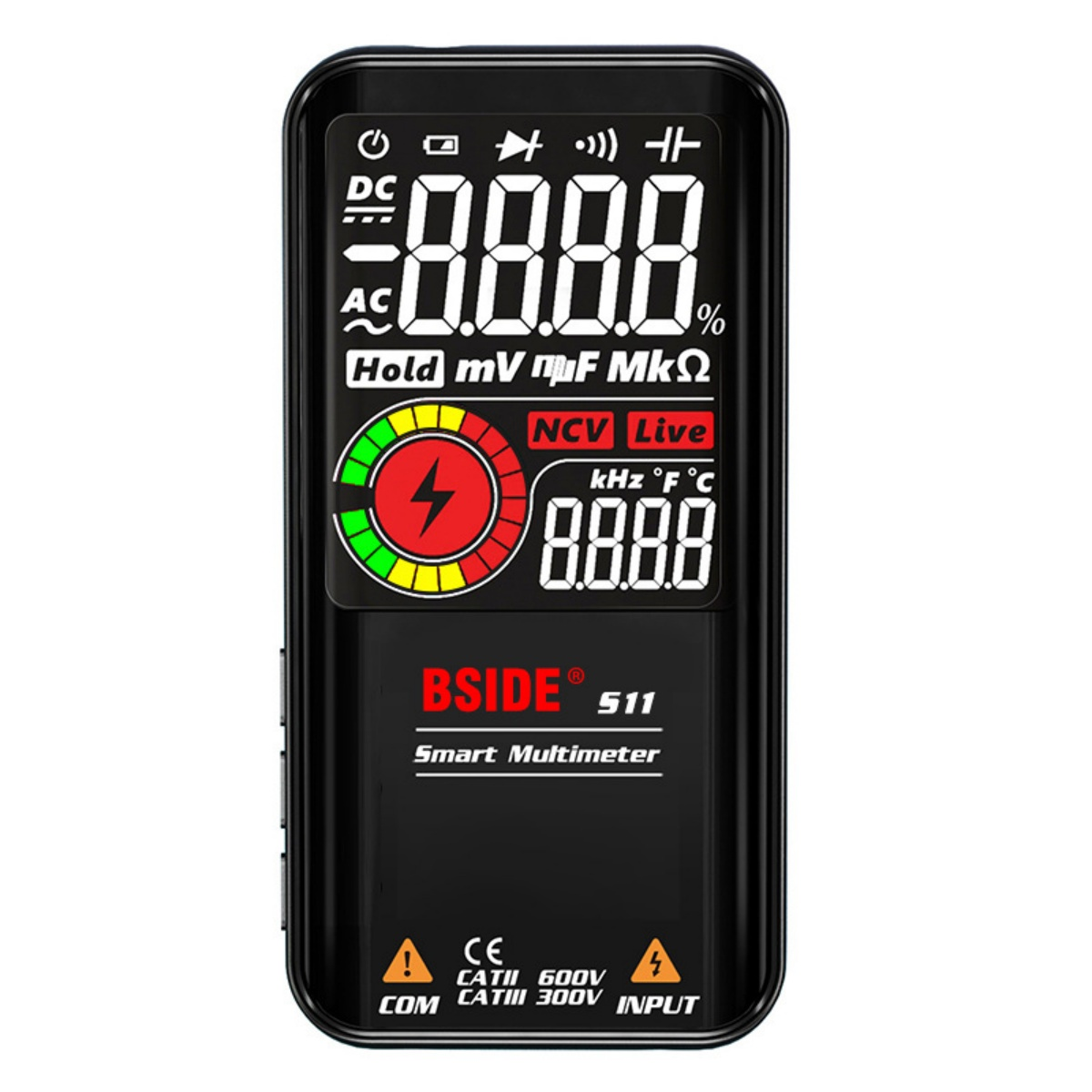 Schwarzes Multimeter mit Digitalanzeige, das DC, AC, Hold, mV, µF, MΩ, NCV Live, kHz, °F, °C anzeigt.