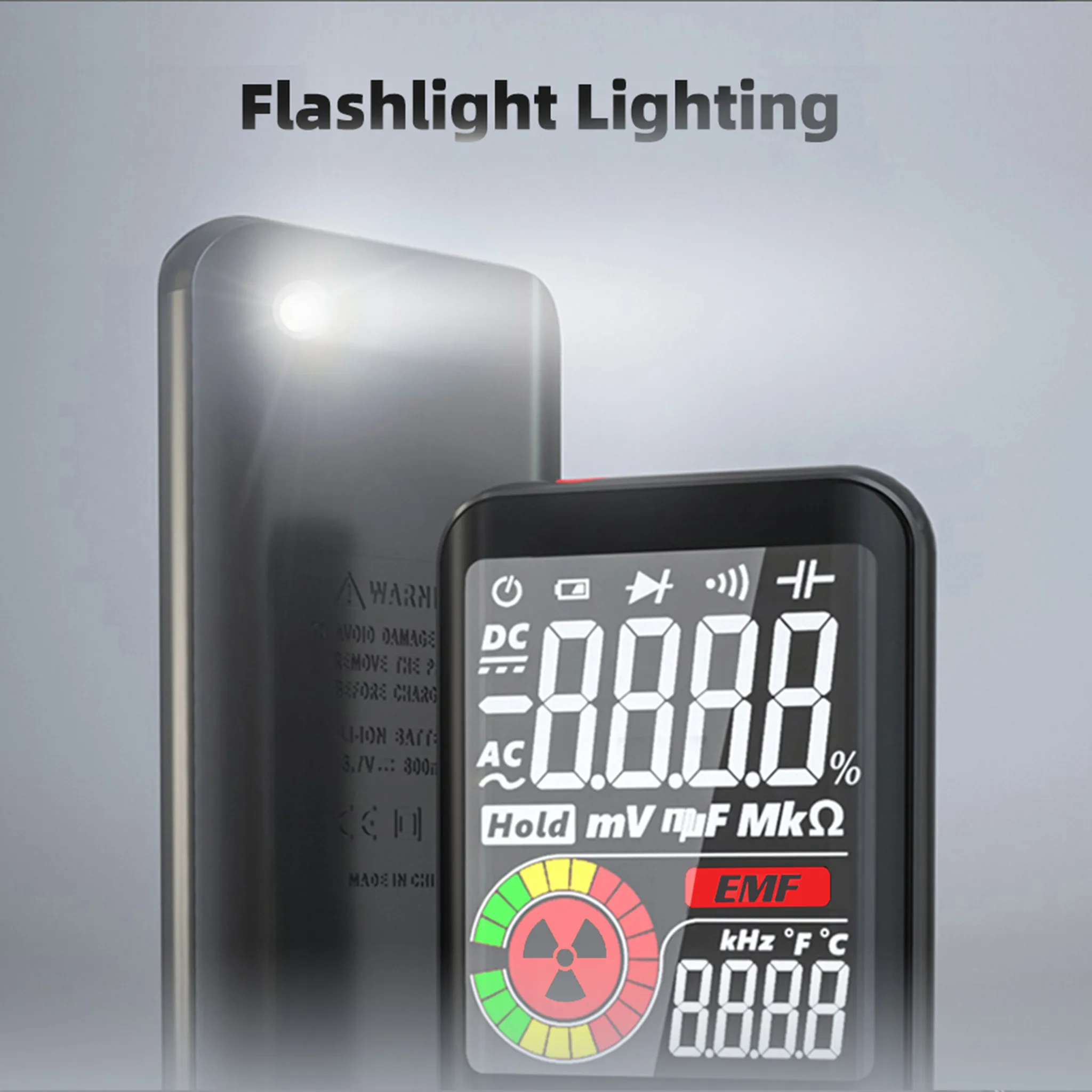 Ein digitales Multimeter mit leuchtender Taschenlampe und Strahlungssymbol.