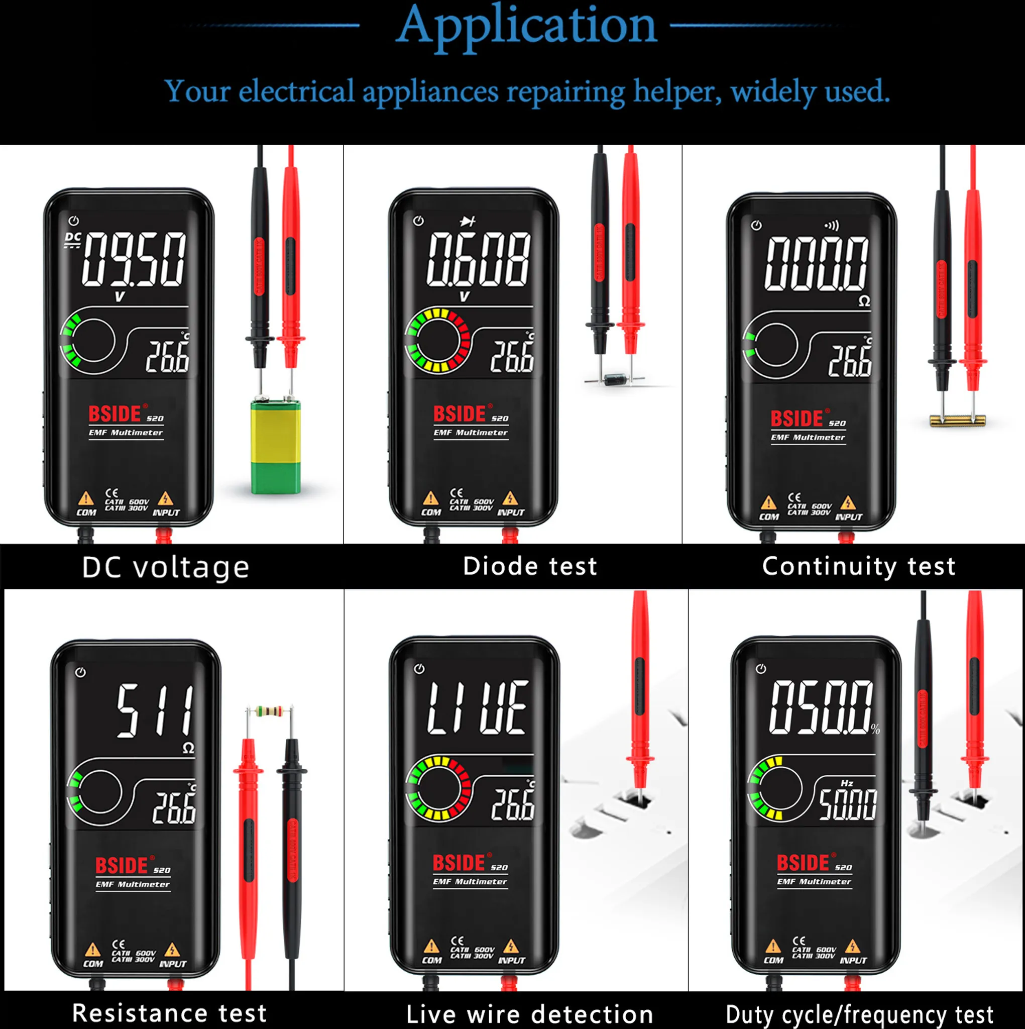 Sechs digitale Multimeter mit Messspitzen für verschiedene elektrische Tests.