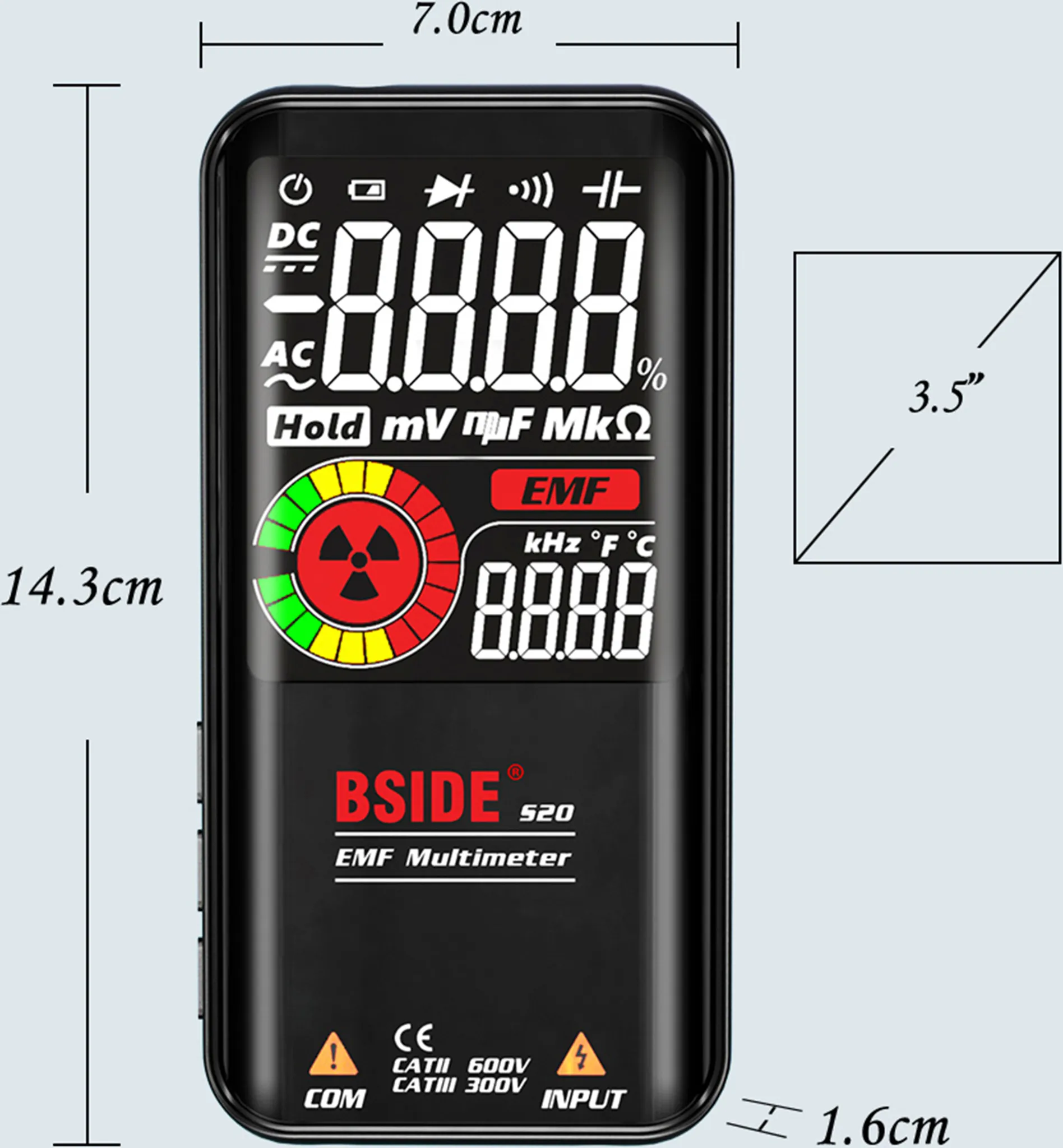 Digitales EMF-Multimeter mit großem Bildschirm, das Messwerte und Strahlungssymbol anzeigt.