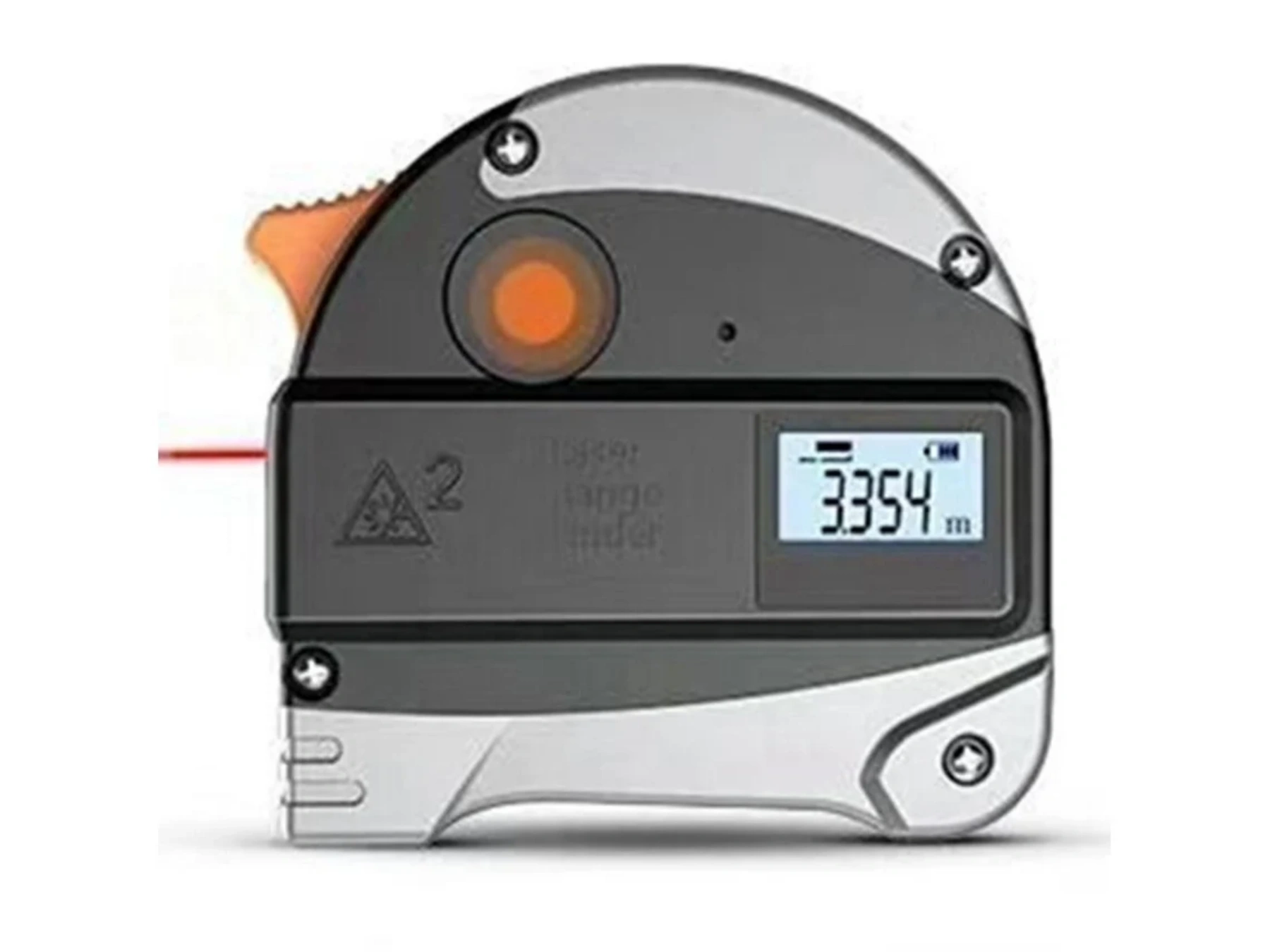 Ein Laser-Entfernungsmesser mit digitaler Anzeige und rotem Laserstrahl.
