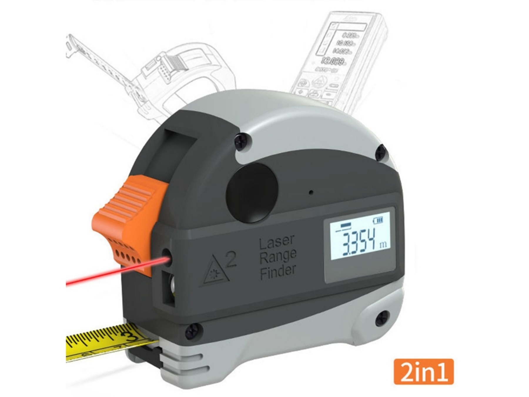 Graues und dunkles Messgerät mit rotem Laserstrahl und Maßband.