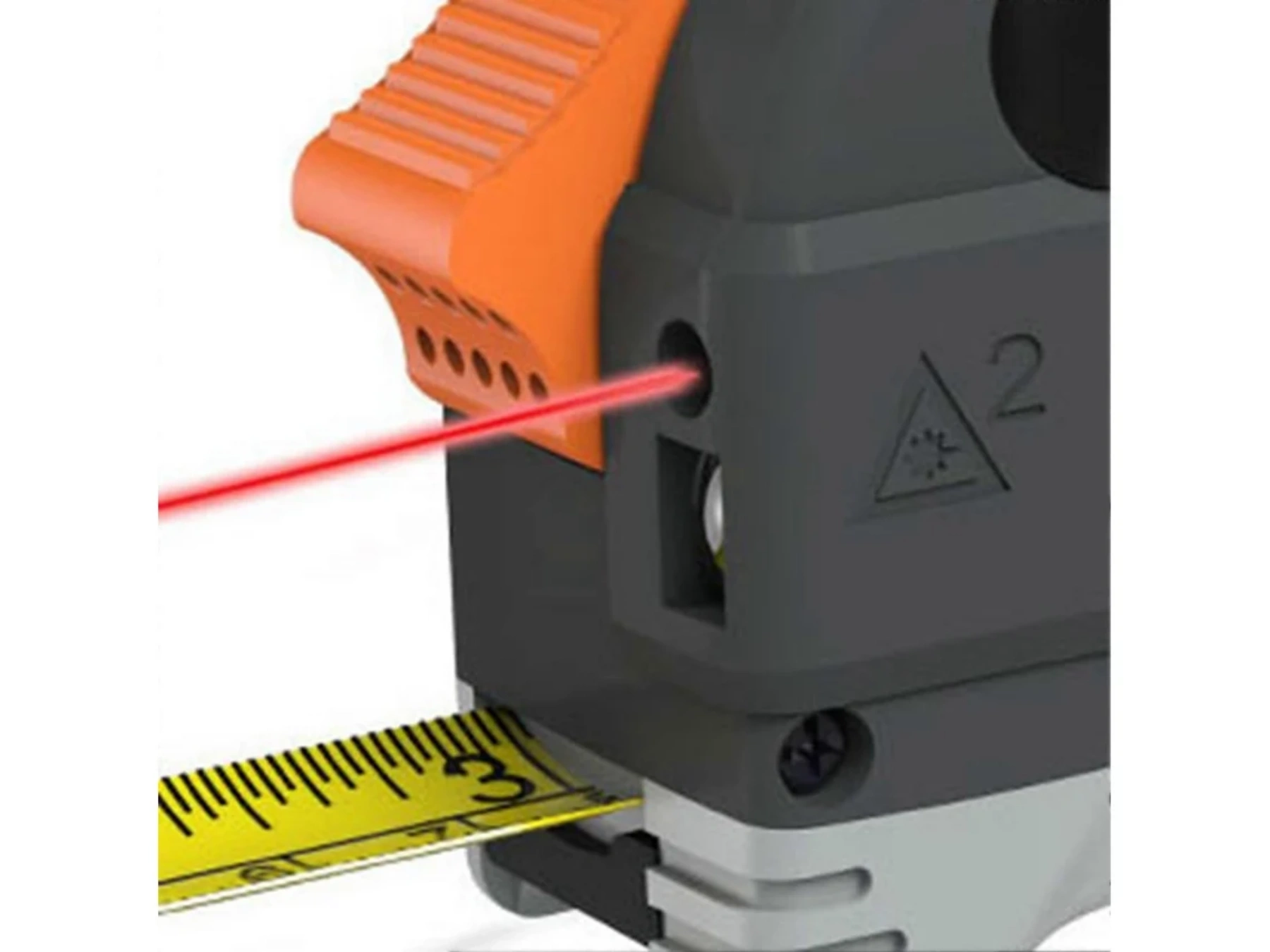 Ein roter Laserstrahl trifft auf ein Maßband, das aus einem Messgerät mit orangen Akzenten austritt.