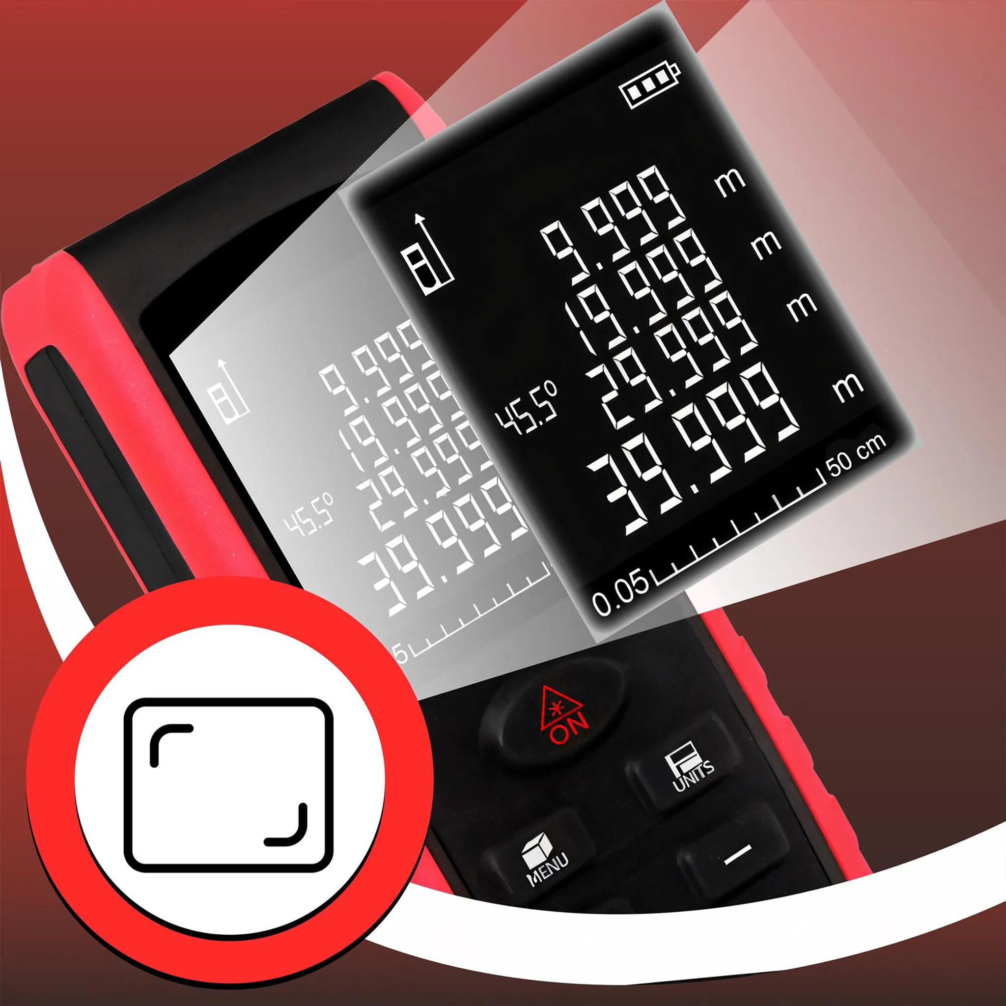 Ein rotes und schwarzes Messgerät mit digitalen Anzeigen und Tasten.