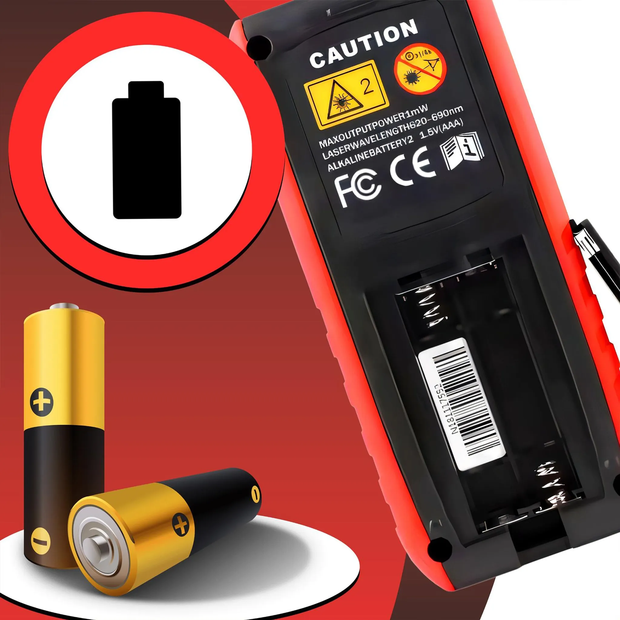 Ein rotes Warnschild mit Batteriesymbol, zwei AA-Batterien und ein Messgerät.