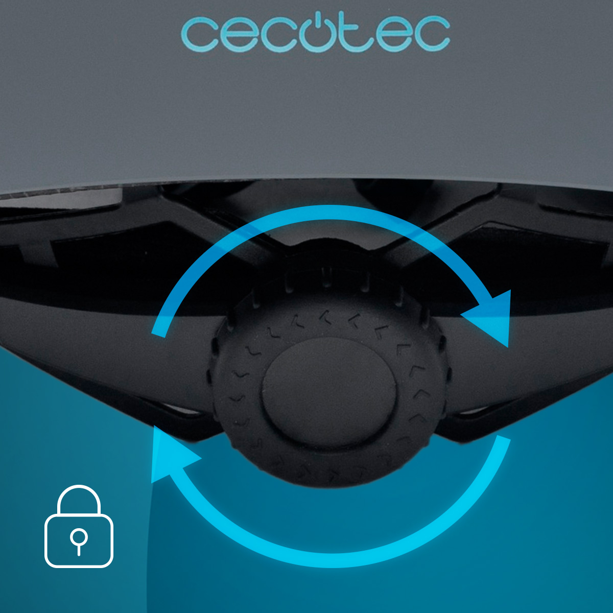 Perilla negra con flechas circulares y un candado. Logo Cecotec arriba.