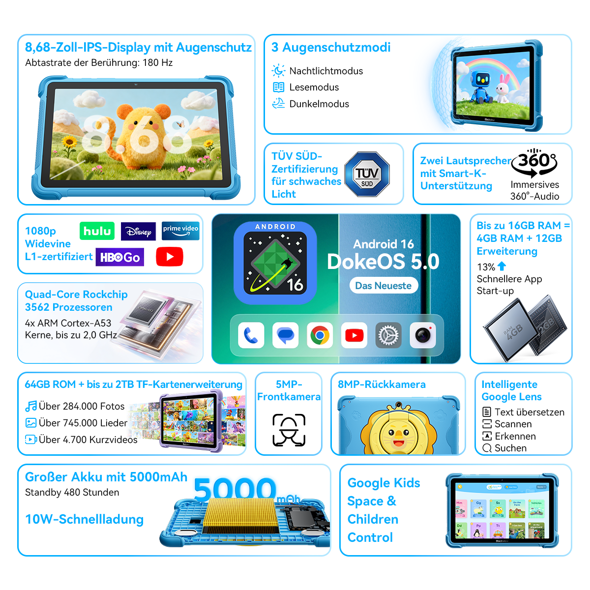 Ein blaues Tablet zeigt eine Spieloberfläche mit einem Bärenbild, Apps und technischen Daten.