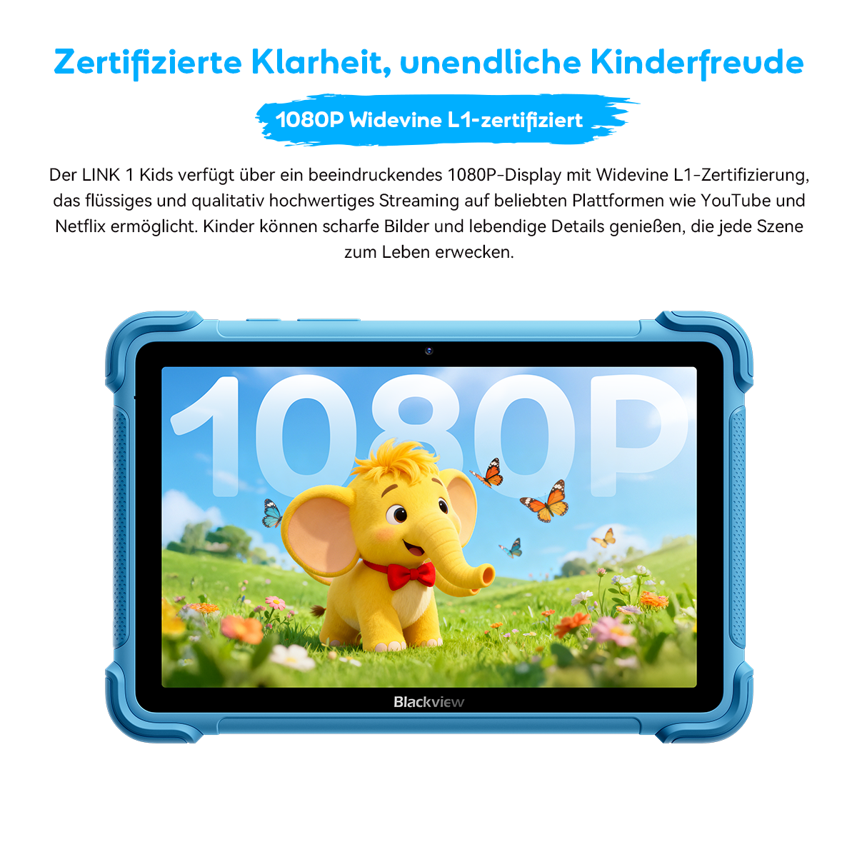 Blauer Tablet-Bildschirm zeigt eine Zeichentrick-Elefantfigur vor einer sonnigen Wiese.