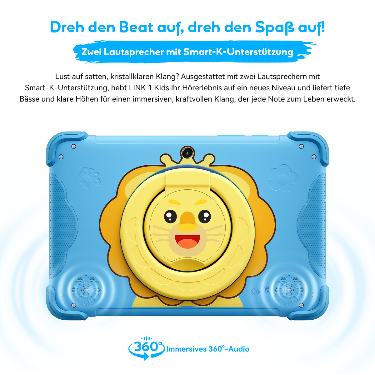 Ein blaues Tablet mit einem lustigen Löwenmotiv und 360°-Audio-Symbol.