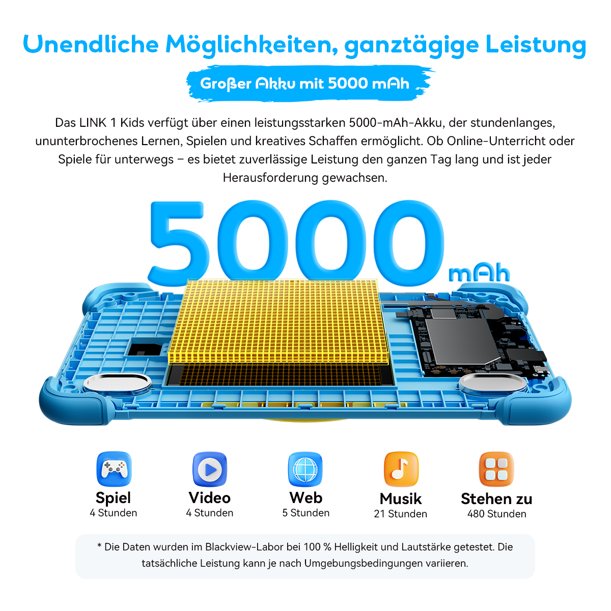 Blaues Tablet mit 5000 mAh Akku. Icons für Spiele, Video, Web, Musik, Standby.