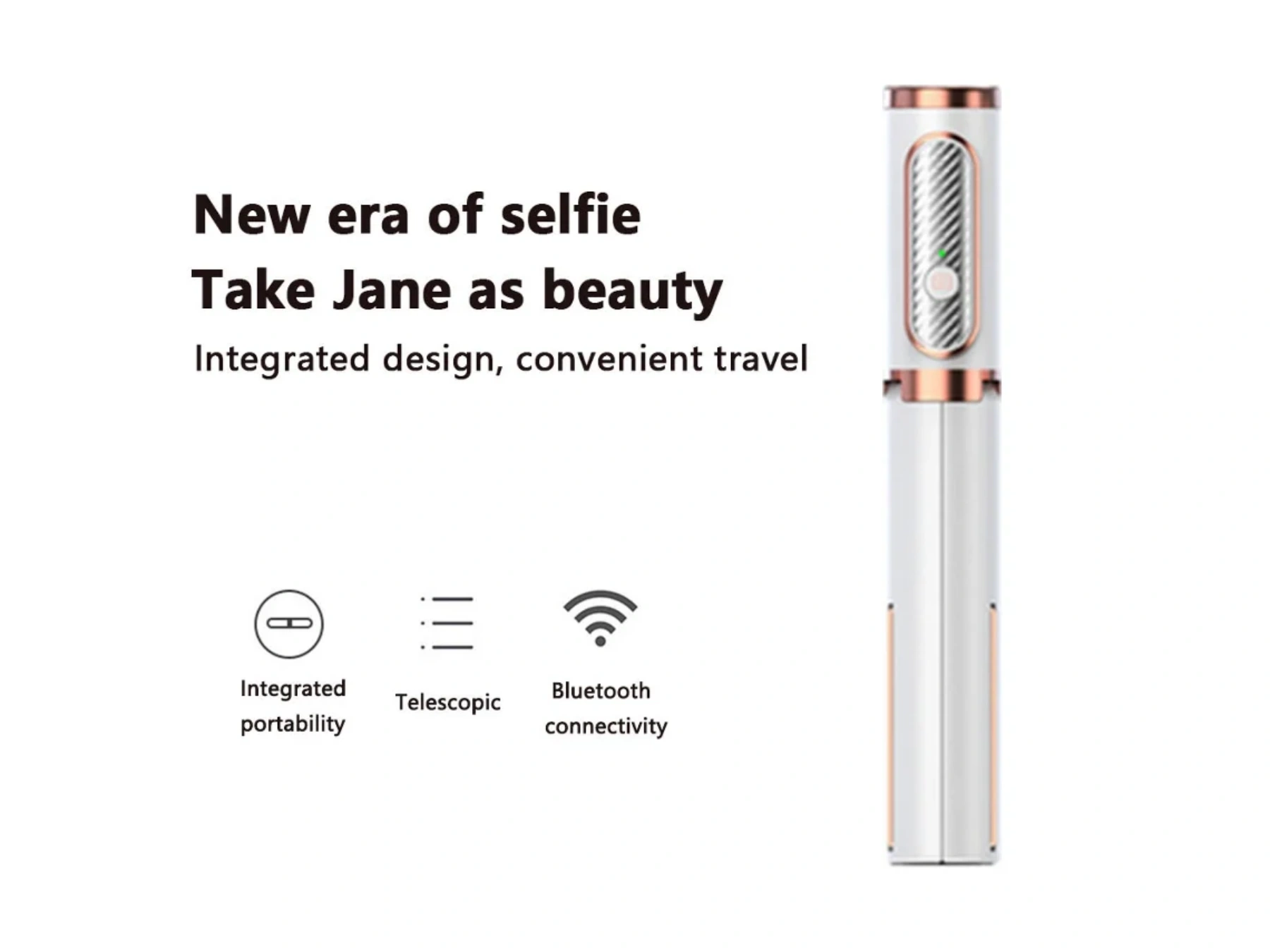 Ein weißer Selfie-Stick mit Roségold-Akzenten und Bluetooth-Symbolen.