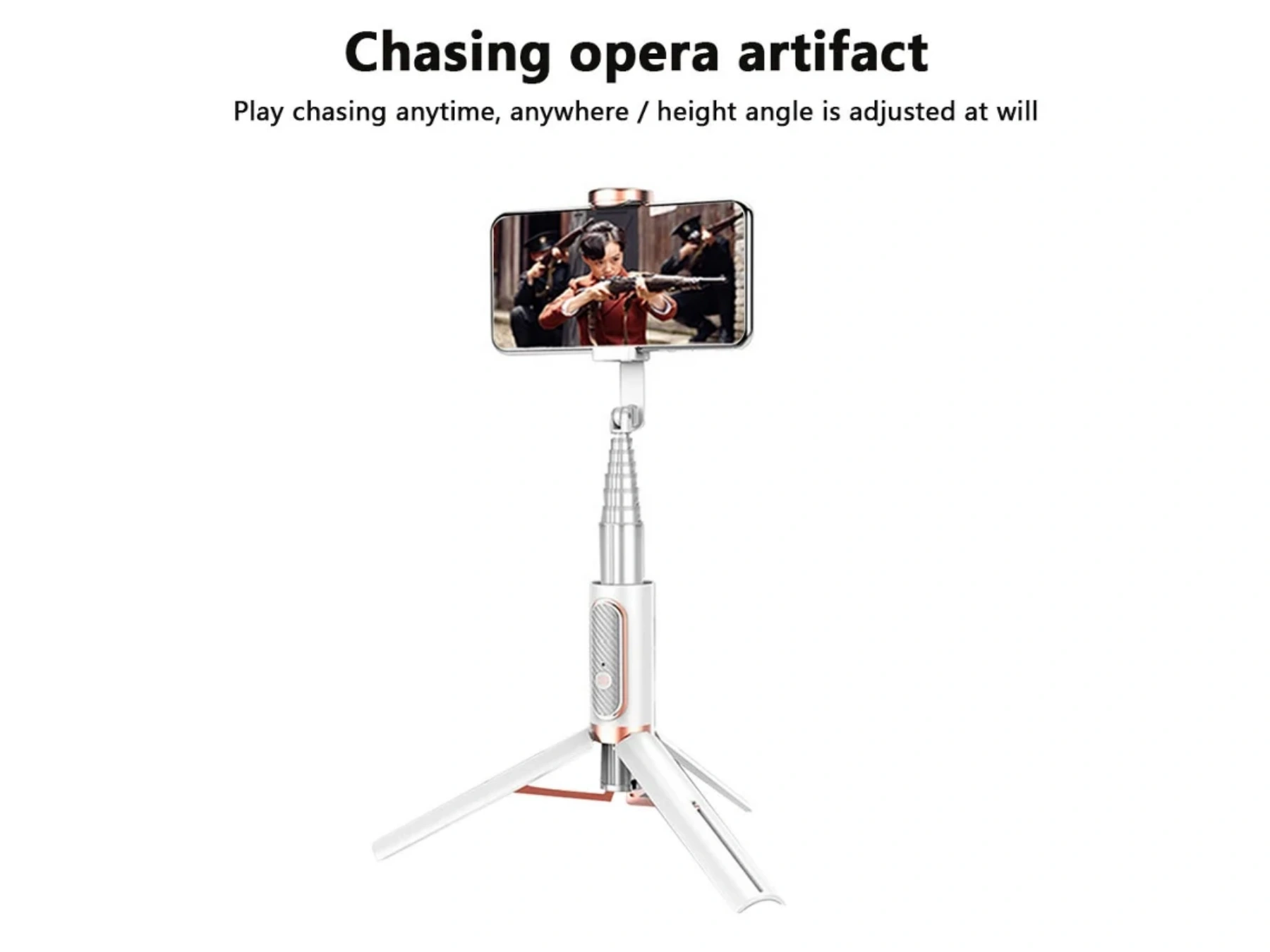 Ein Selfie-Stick mit Stativ hält ein Smartphone, das eine Szene mit Waffen zeigt.
