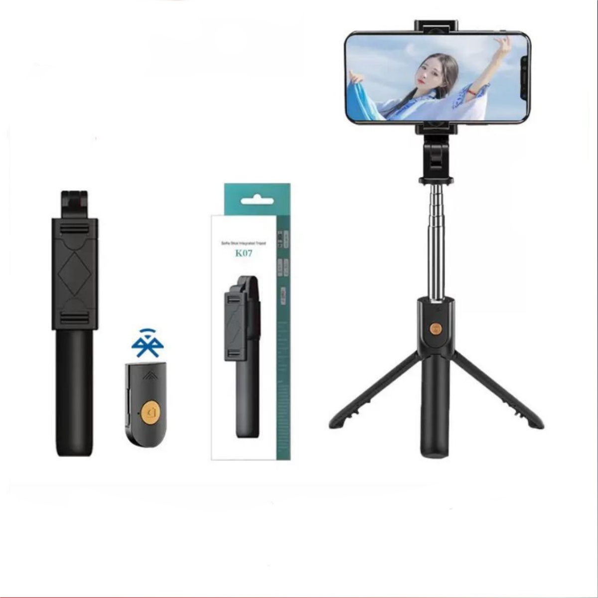 Ein schwarzer Selfie-Stick mit ausklappbarem Stativ und Handyhalterung.