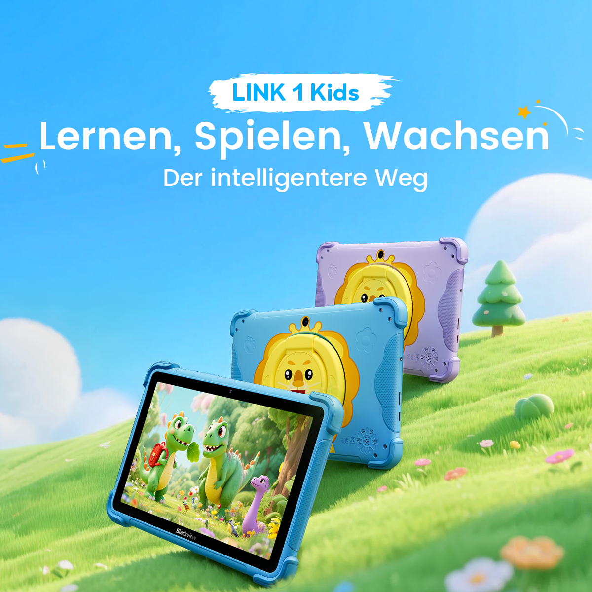 Drei Kinder-Tablets in Blau und Lila auf einer grünen Wiese vor blauem Himmel.
