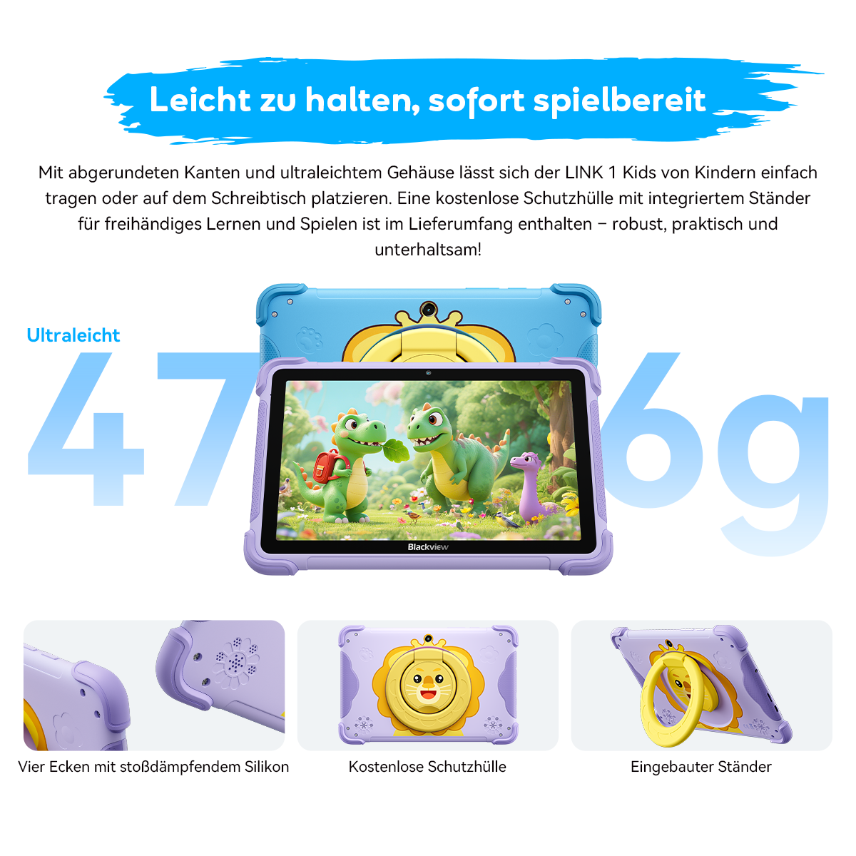 Leichtes Tablet mit Dino-Motiv, 476g. Vier Ecken aus Silikon, Hülle, Ständer.