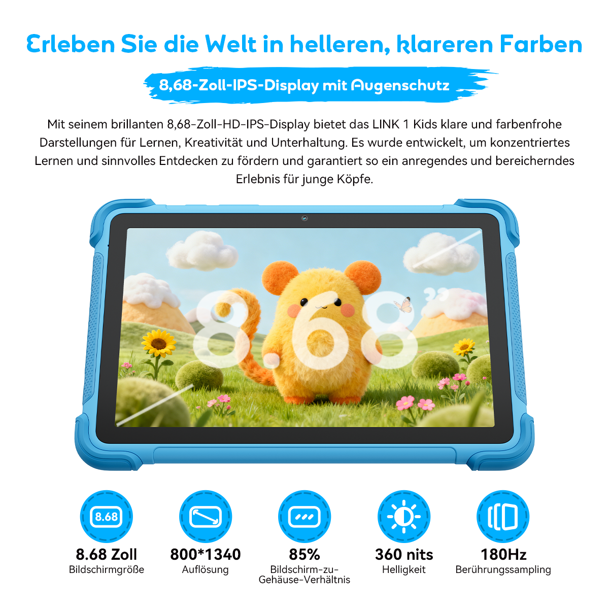 Blaues Tablet mit niedlichem Zeichentrick-Display. Spezifikationen unten.
