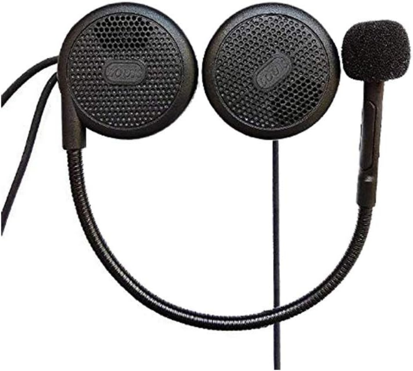 Zwei schwarze Kopfhörer mit Mikrofon, verbunden durch flexible Kabel.