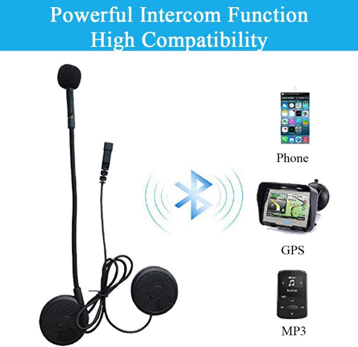 Motorrad-Headset mit Mikrofon und Lautsprechern, Bluetooth-Symbol, Telefon, GPS und MP3-Player.