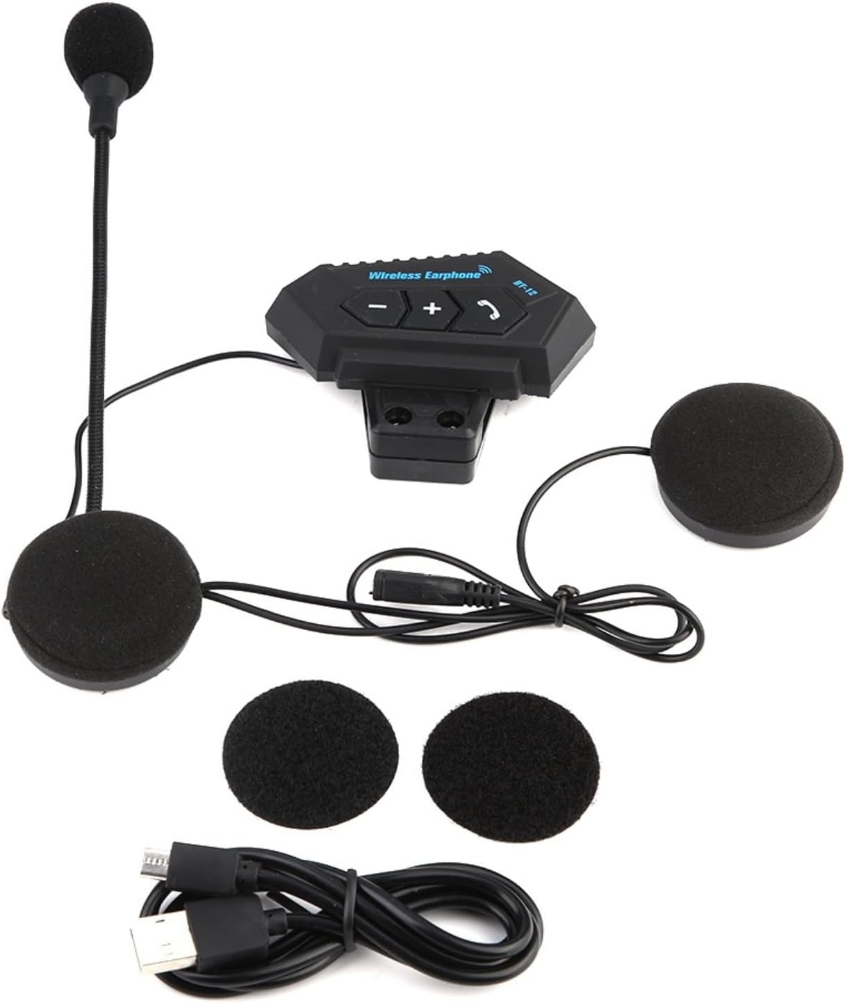 Ein schwarzer Bluetooth-Helm-Headset mit Mikrofon, Ohrhörern und Ladekabel.