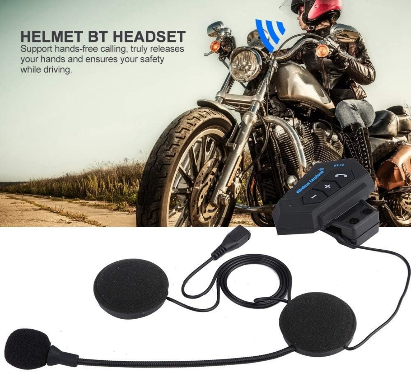 Motorradfahrer mit Helm-BT-Headset und Zubehör auf Motorrad im Freien.