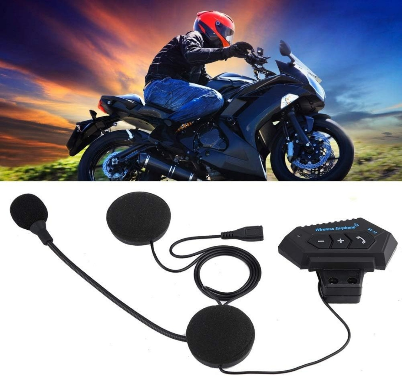 Motorradfahrer im roten Helm auf schwarzem Motorrad unter Sonnenuntergangshimmel. Kabellose Ohrhörer & Bedieneinheit.