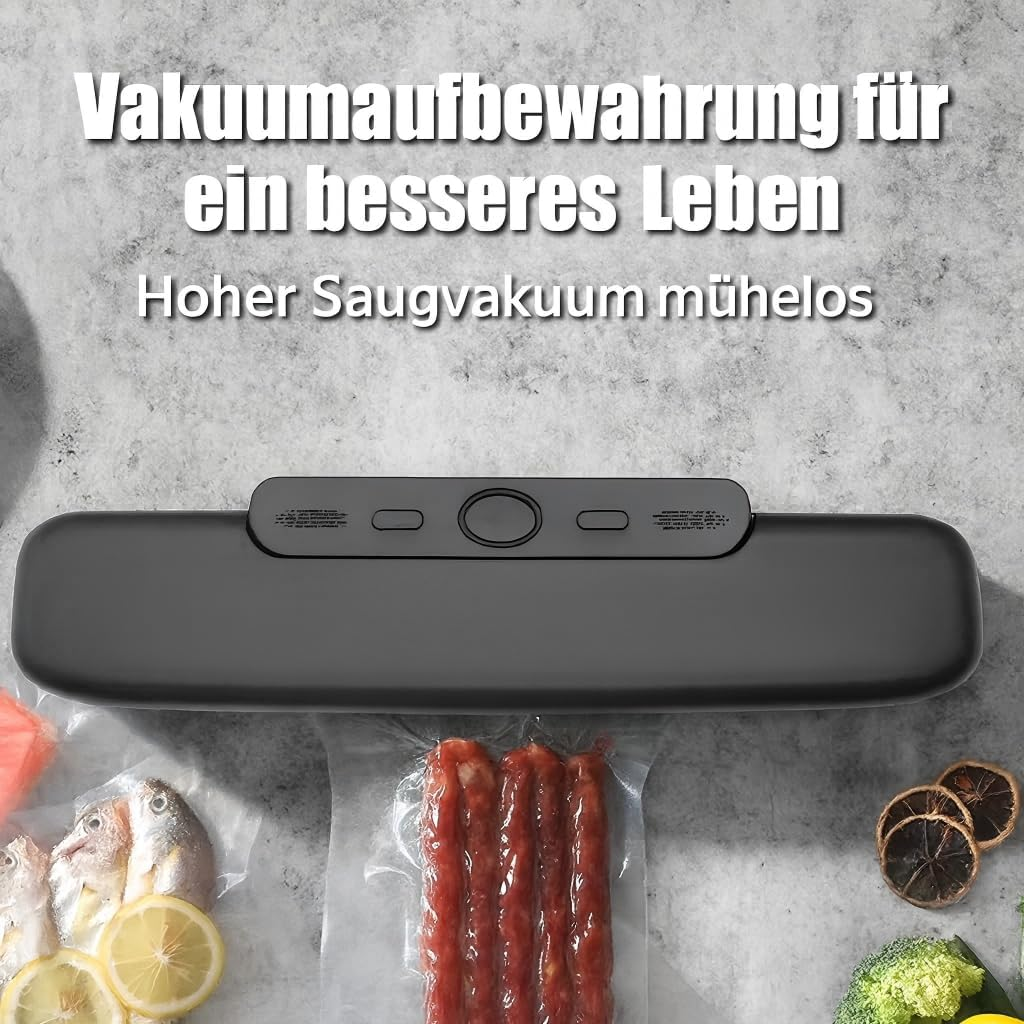 Schwarzer Vakuumierer mit Fisch, Wurst und Gemüse.
