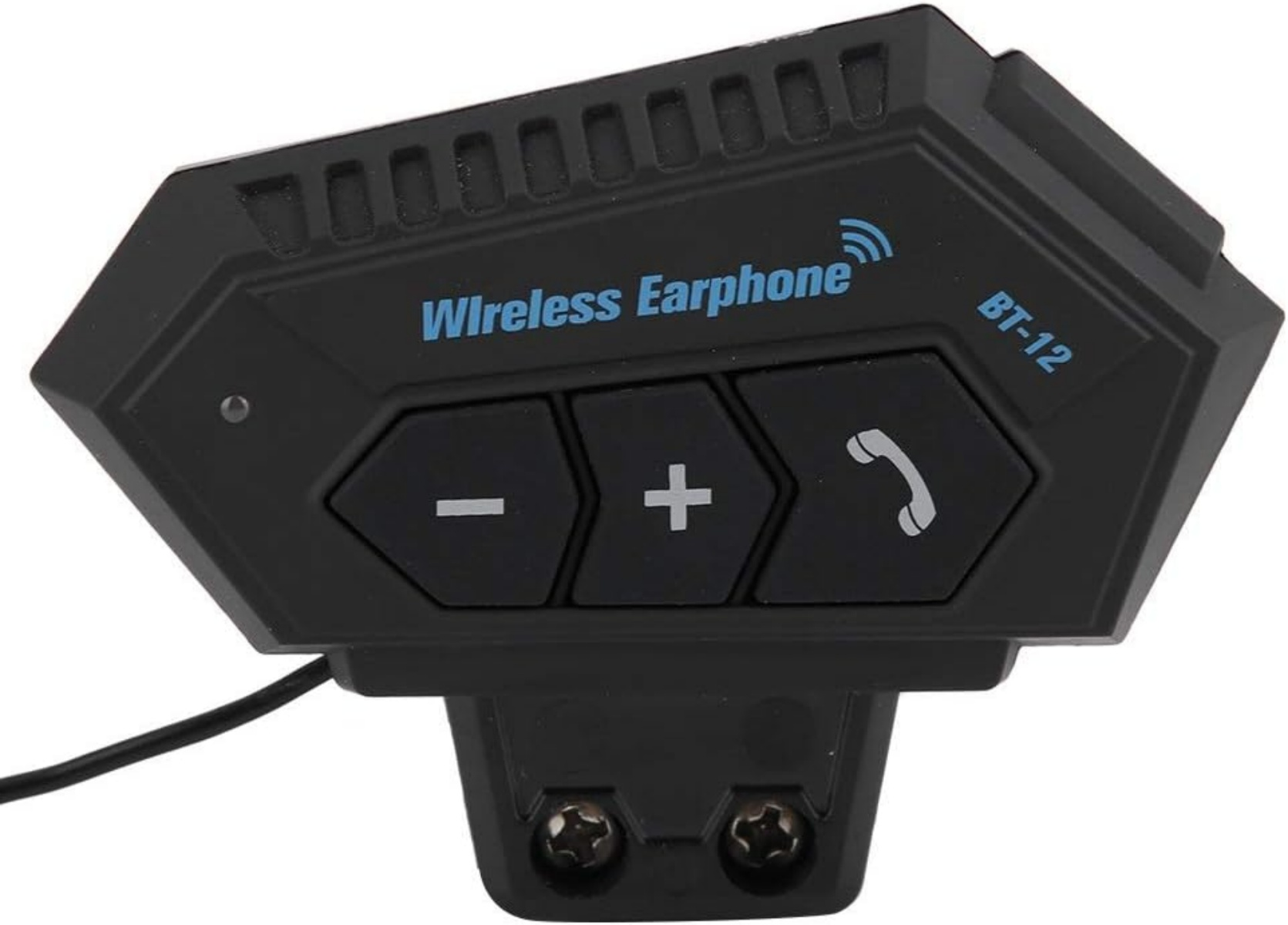 Schwarzes kabelloses Headset mit Tasten für Lautstärke und Anruf.