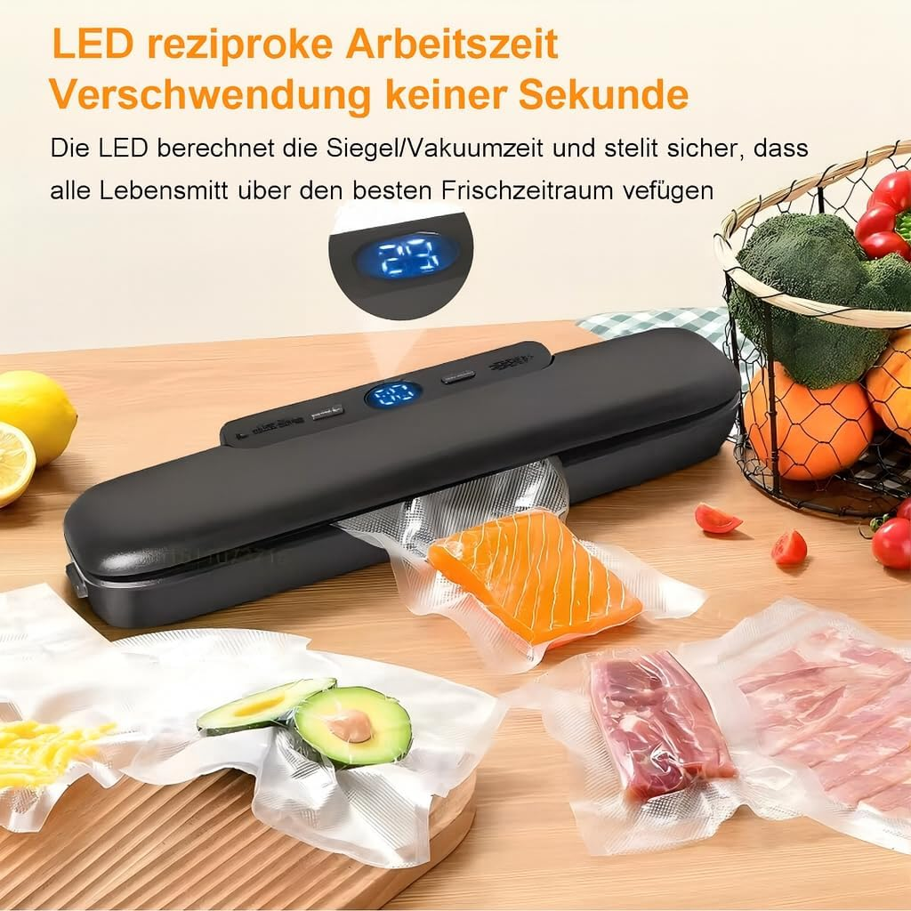 Ein Vakuumiergerät mit verpacktem Lachs, Fleisch und Käse auf einem Holztisch.