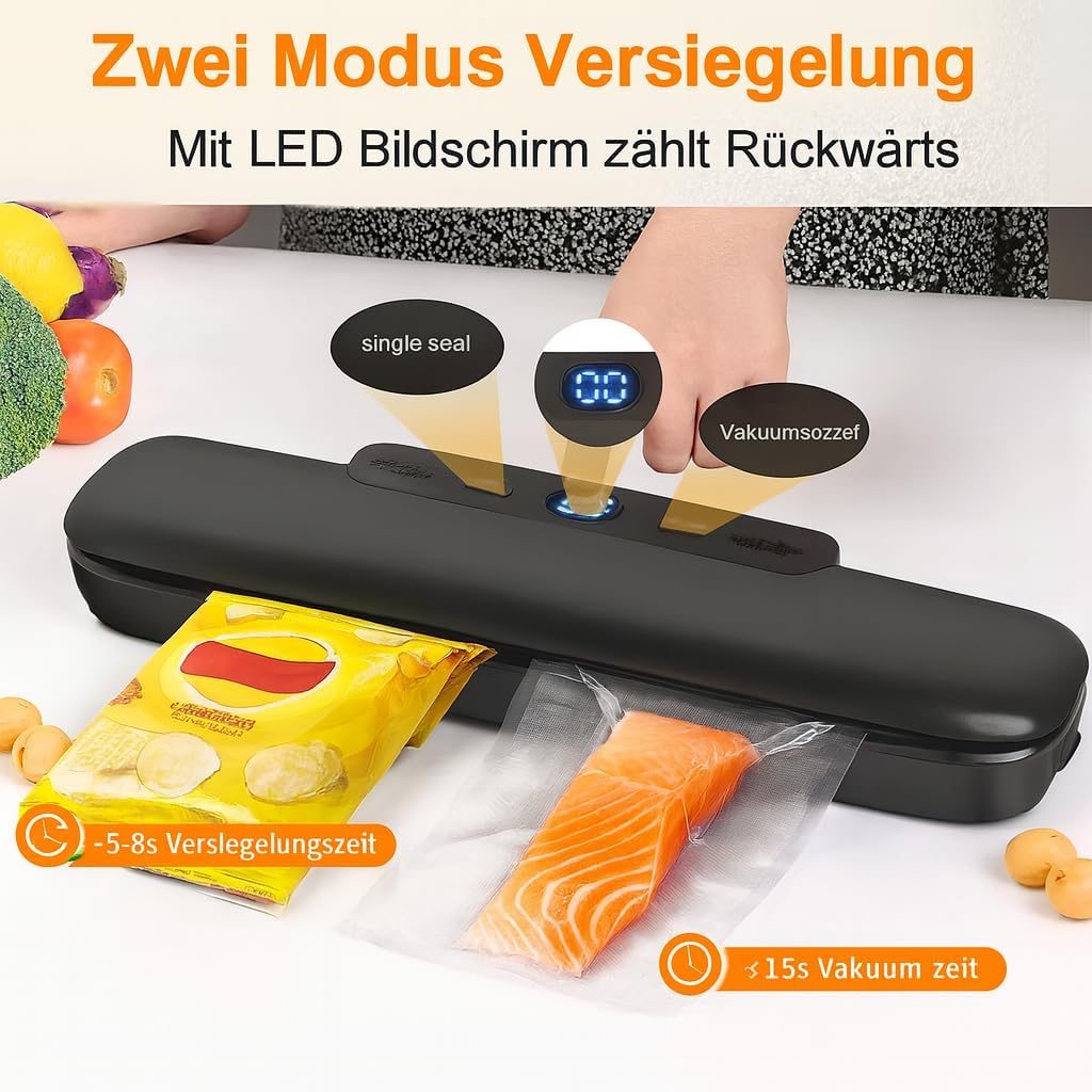 Schwarzer Vakuumierer versiegelt Fisch und Chips. LED zeigt 00. Text: Zwei Modus Versiegelung.