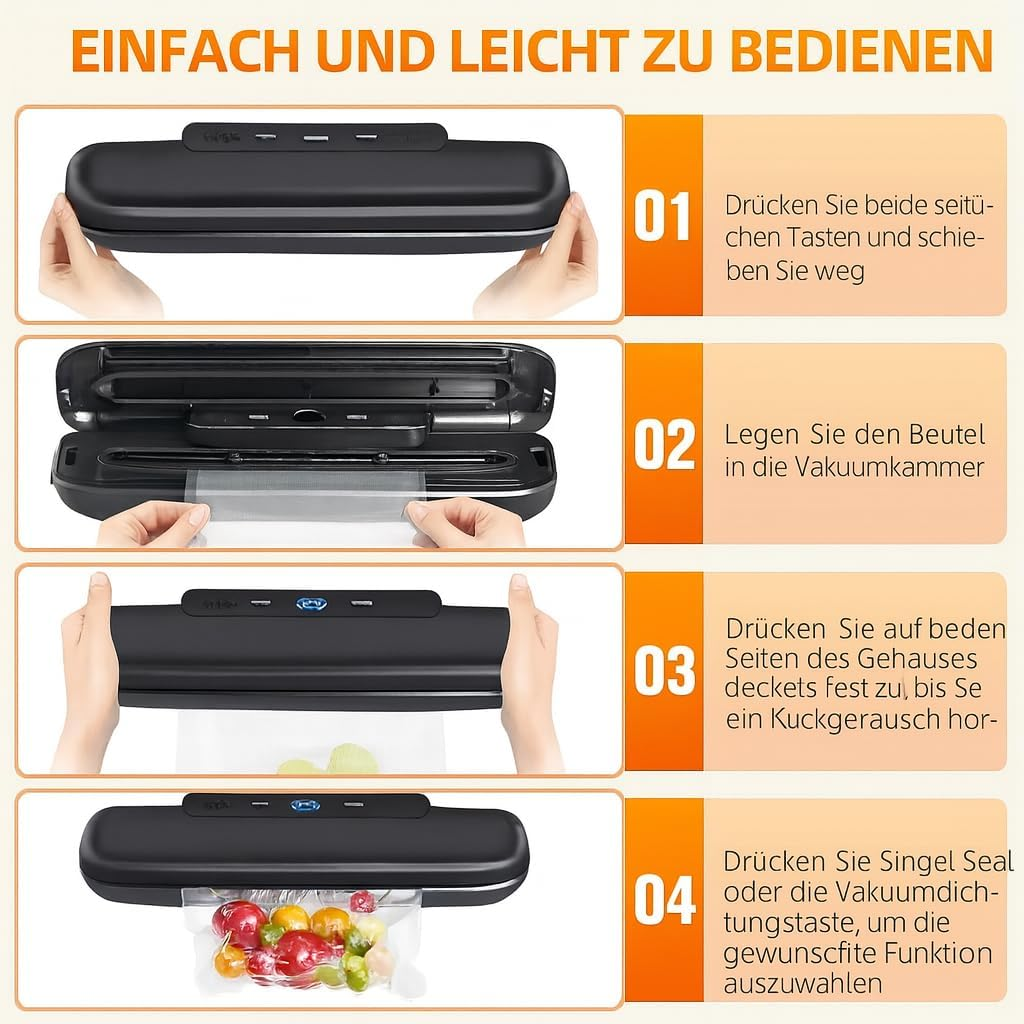 Anleitung zur Bedienung eines Vakuumiergeräts in vier Schritten.