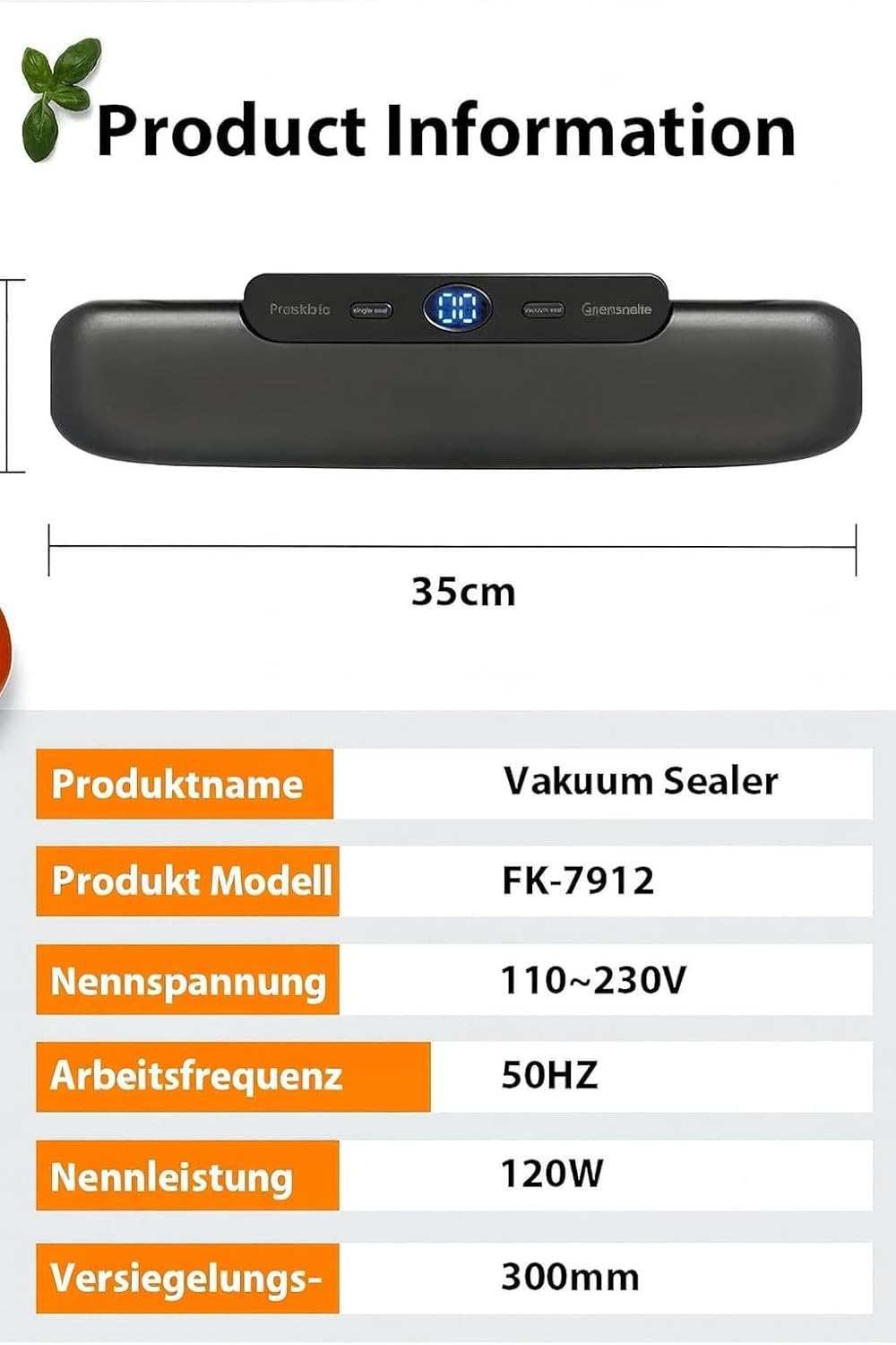 Schwarzer Vakuumierer mit 35cm Breite. Produktinfo: Modell FK-7912, 110-230V, 50Hz, 120W.