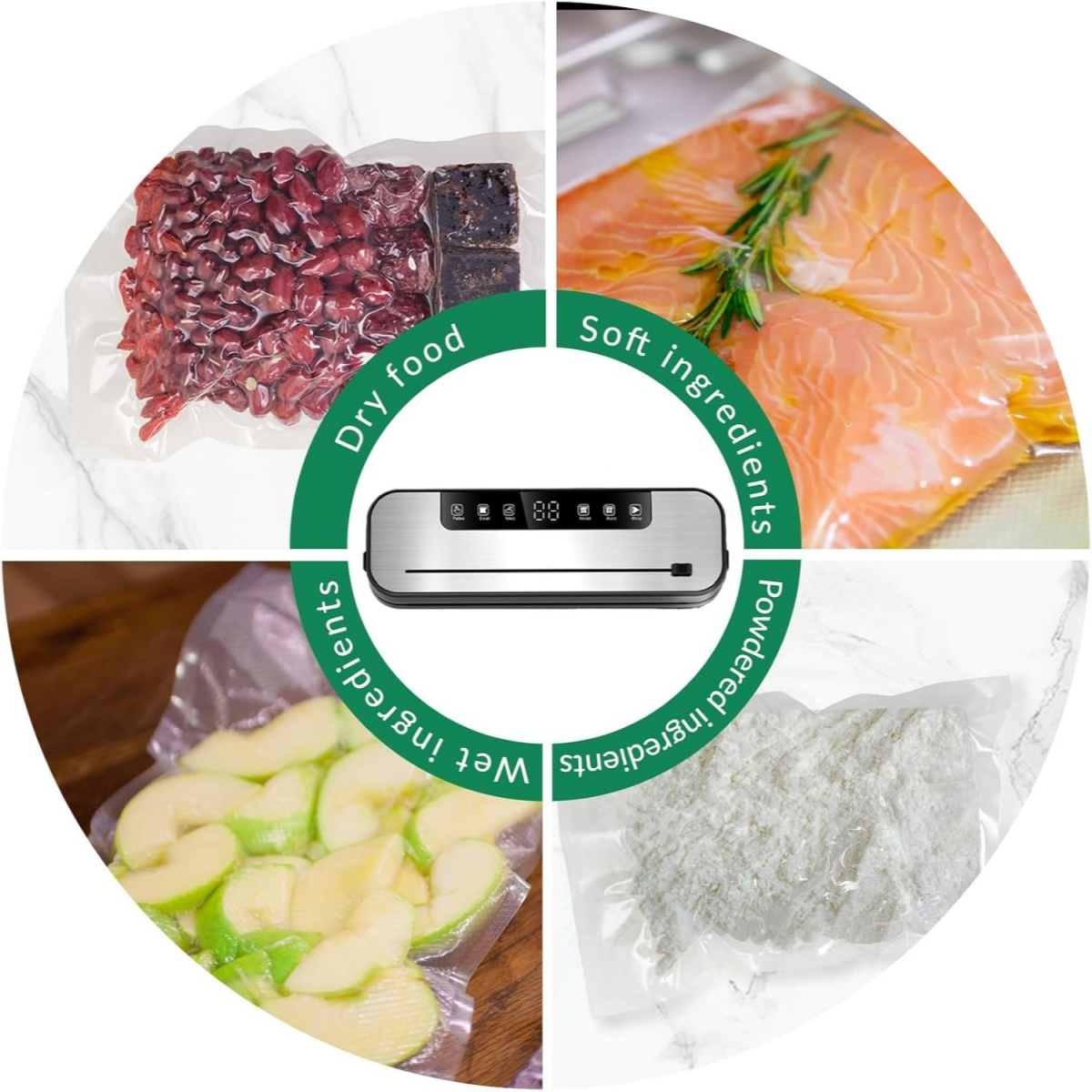Vakuumierer mit vier Fächern: Trockene Lebensmittel, Lachs, Äpfel und Pulver.