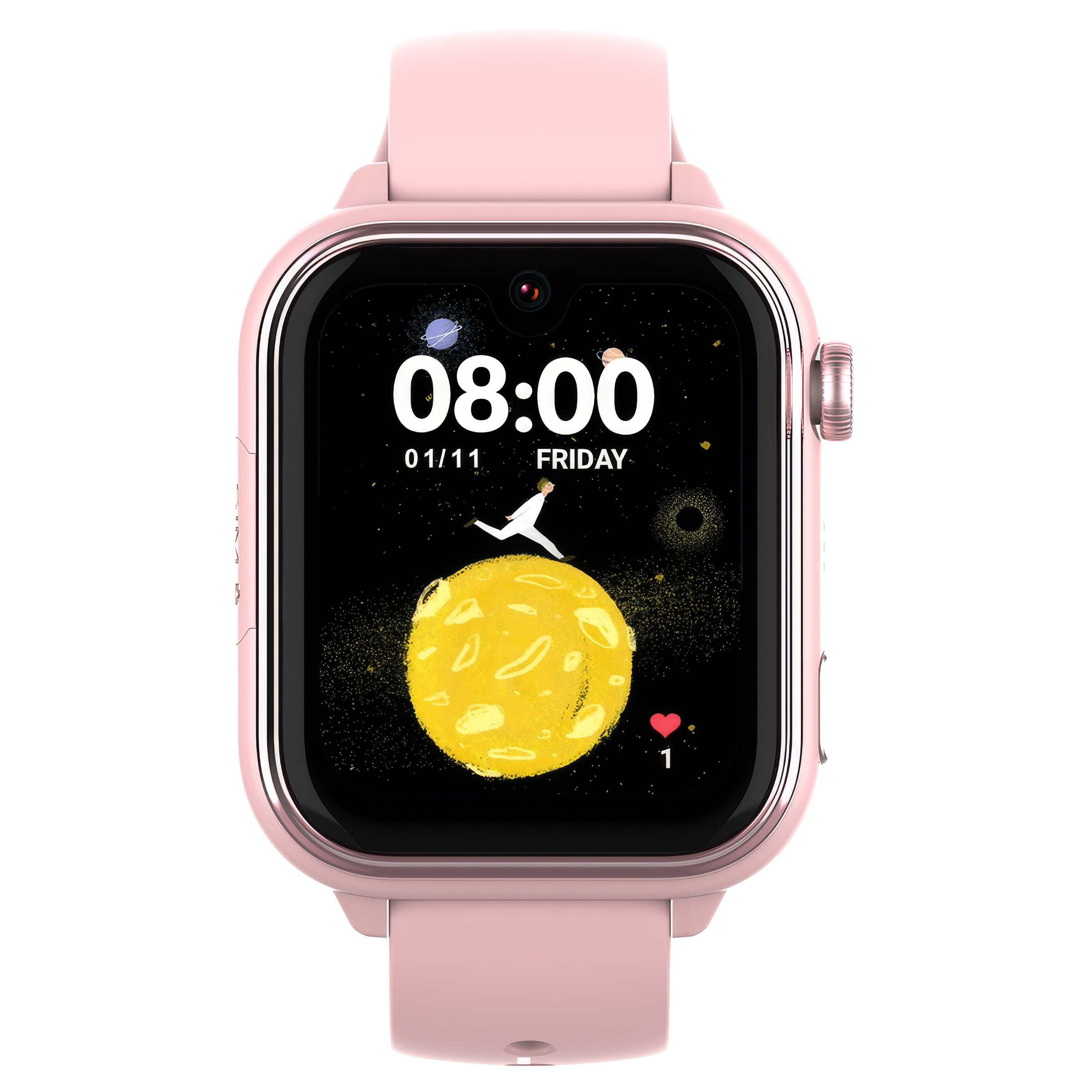 Różowy smartwatch wyświetla 08:00, piątek, z tarczą o kosmicznej tematyce.