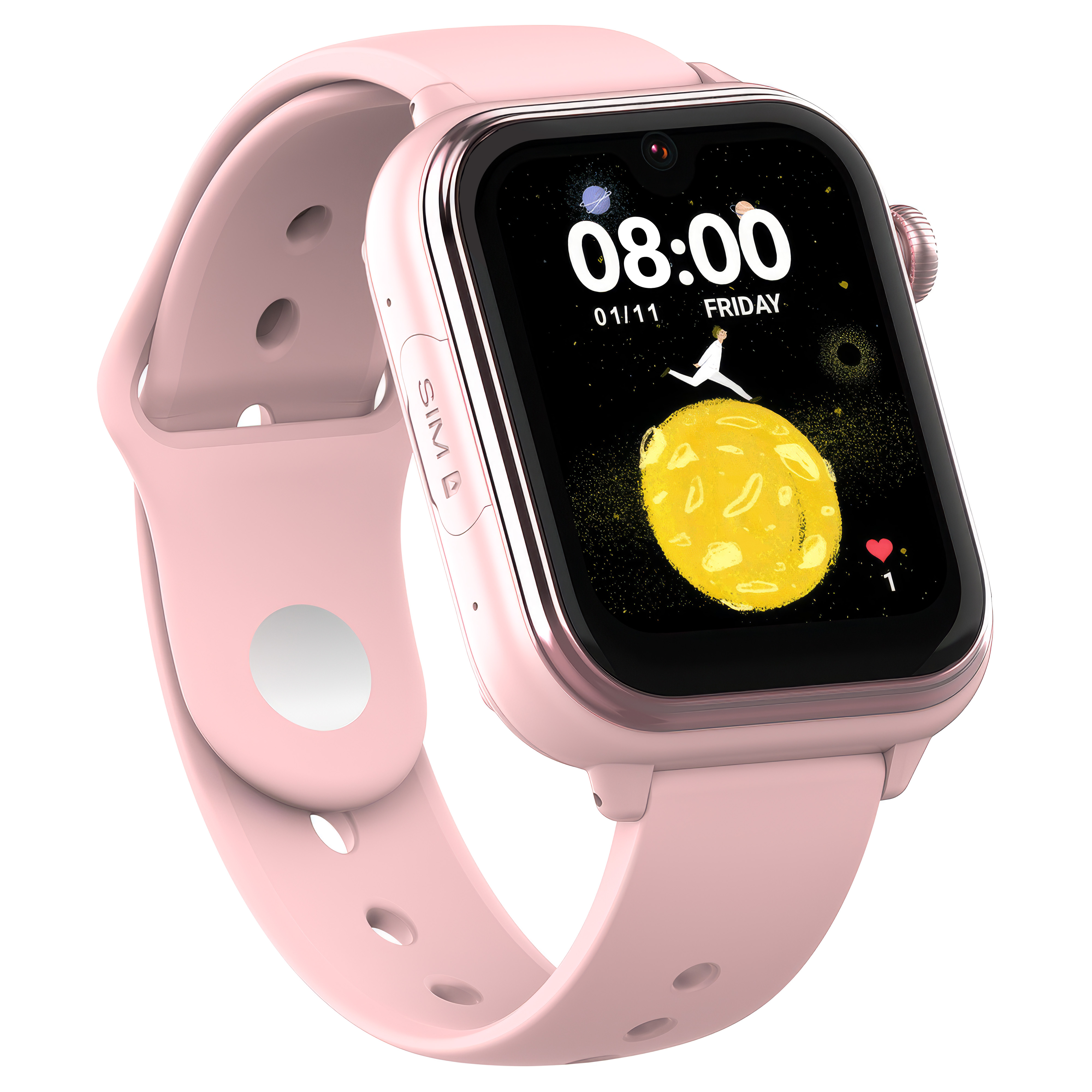 Różowy smartwatch wyświetlający 8:00 na tarczy z pełnią księżyca.