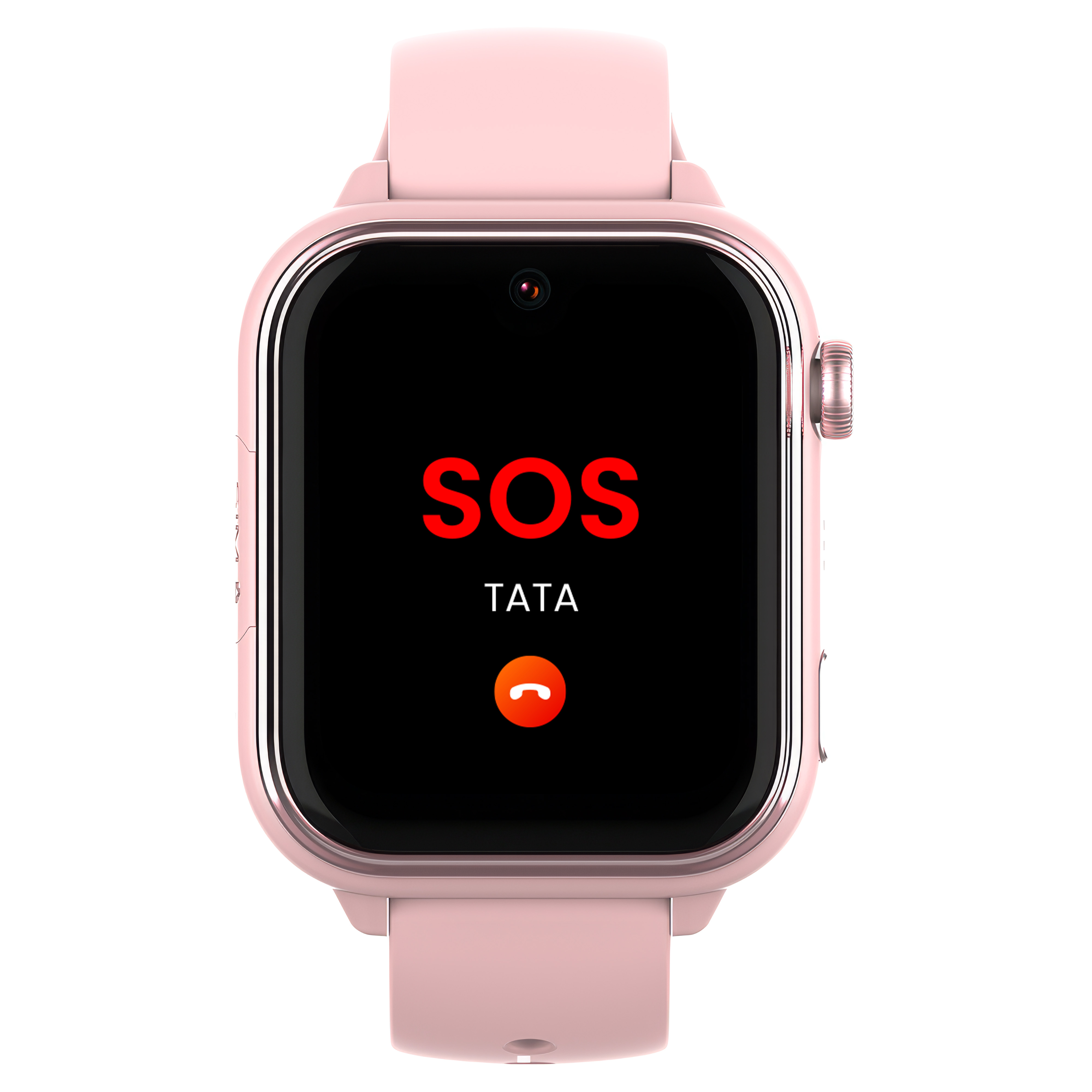 Różowy smartwatch wyświetla SOS i TATA na czarnym ekranie.