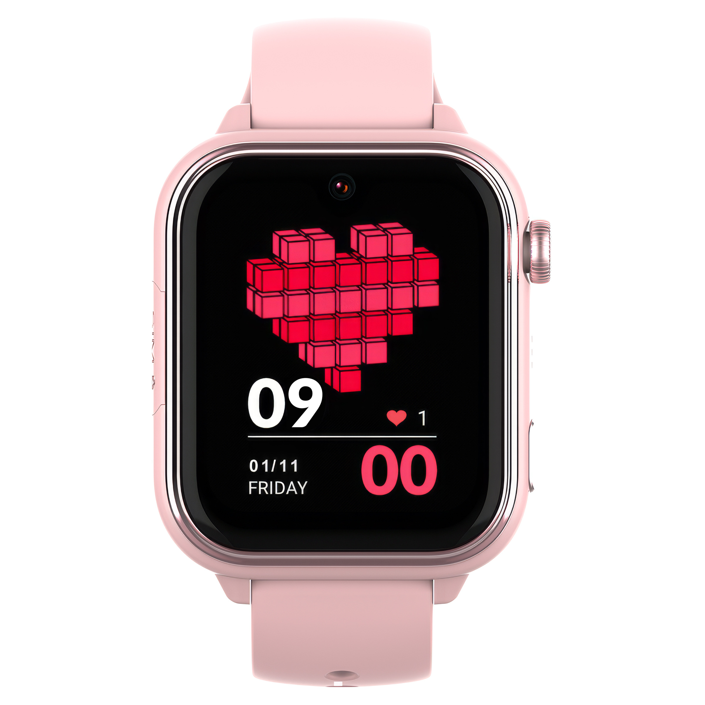 Różowy smartwatch z grafiką serca, czasem i datą.